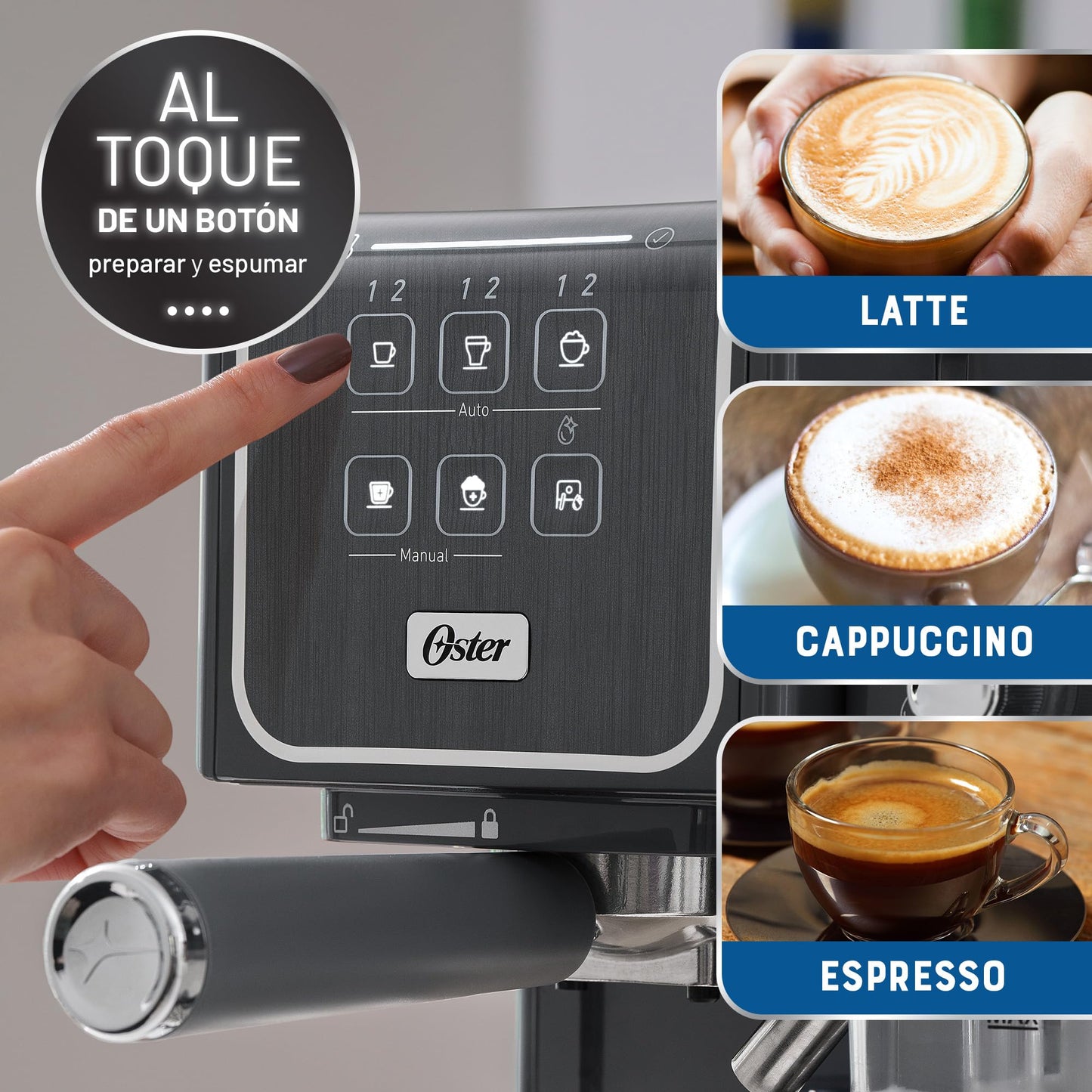 Cafetera Oster Gris con Panel Táctil y Funciones Automáticas para Espresso, Cappuccino y Latte
