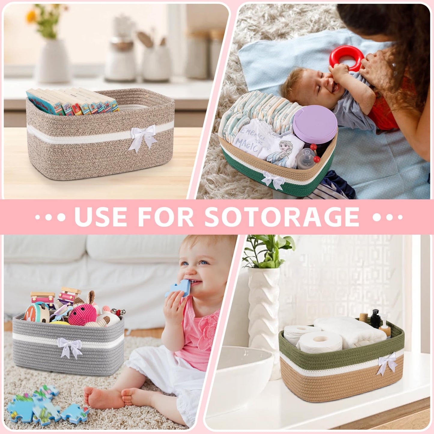OIAHOMY - Cesta de almacenamiento tejida grande con asas para guardería, estantes de sala de estar, cesta de lazo para regalos vacía con bolsas de regalo y cintas para baby shower, contenedor de