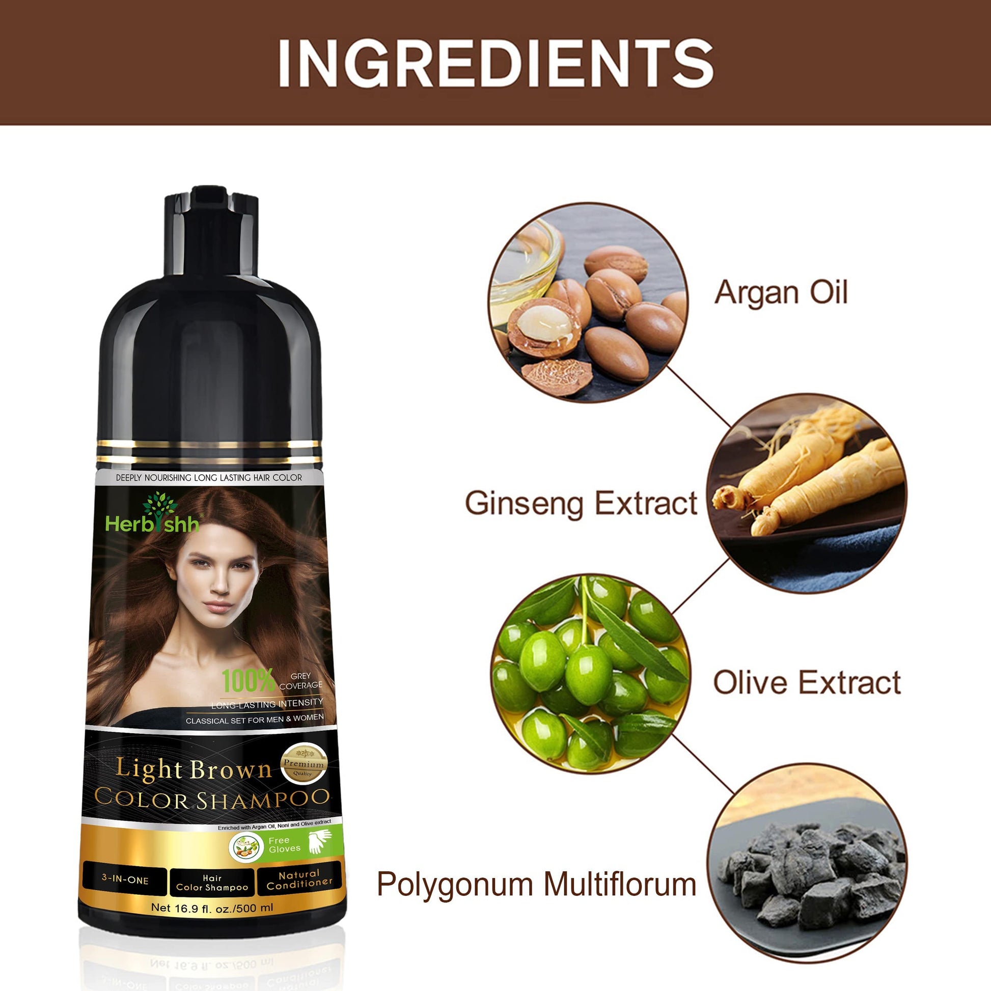 Herbishh - Champú colorante para cabello gris, champú con tinte natural para el cabello, colorea el cabello en minutos, dura hasta de 3 a 4 semanas, 500 ml, tinte de cabello 3 en 1, sin amoniaco | (marrón claro)