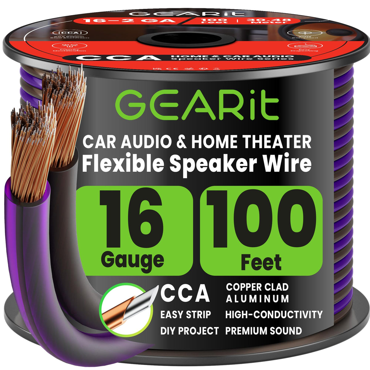 Cable de Altavoz GEARit 100 Pies Calibre 16 con Marcadores de Polaridad para Audio en Coche y Cine en Casa