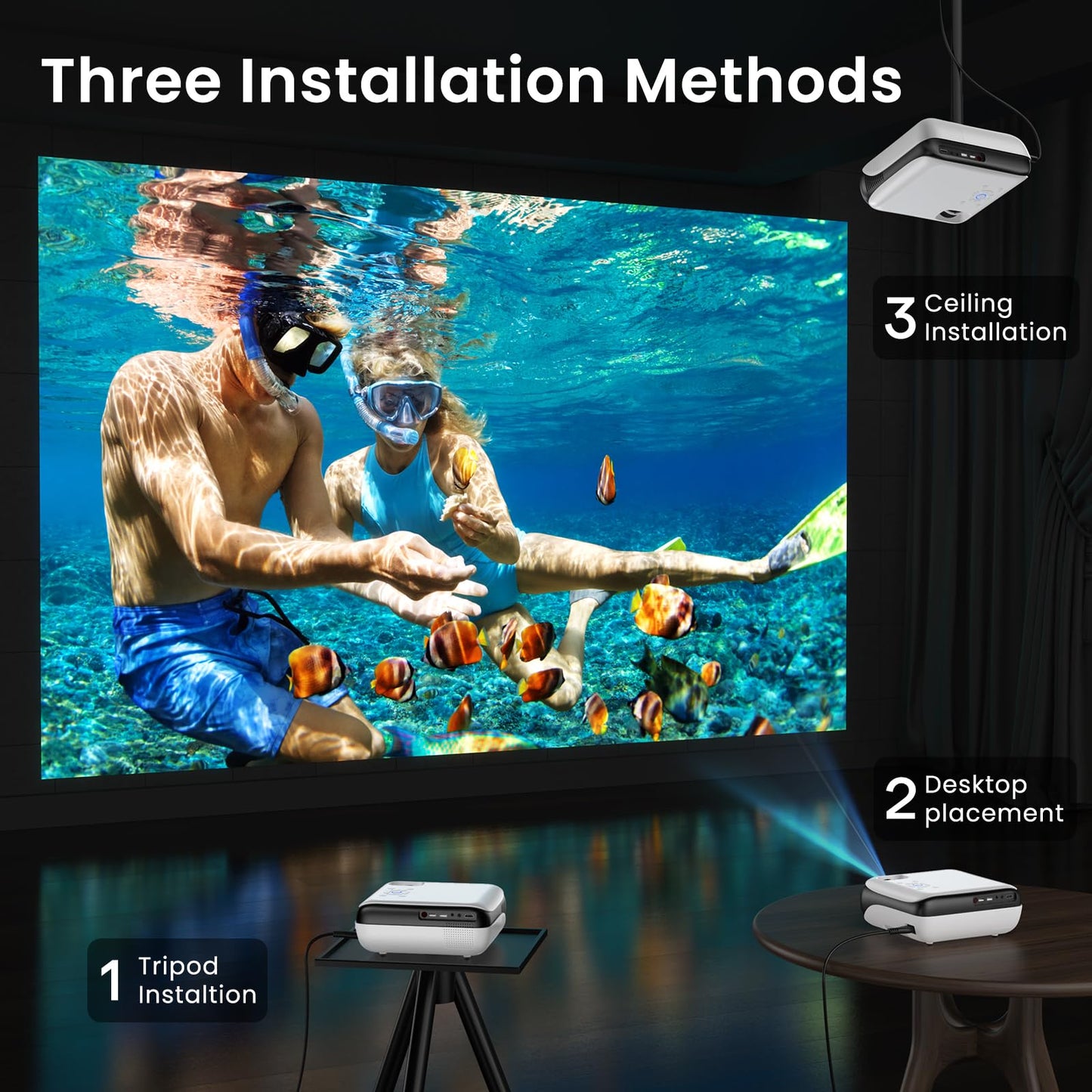 HAPPRUN Proyector, proyector Bluetooth Nativo 1080P, proyector de películas portátil para Exteriores de, Compatible con Smartphone, HDMI, USB, AV, Fire Stick, PS5