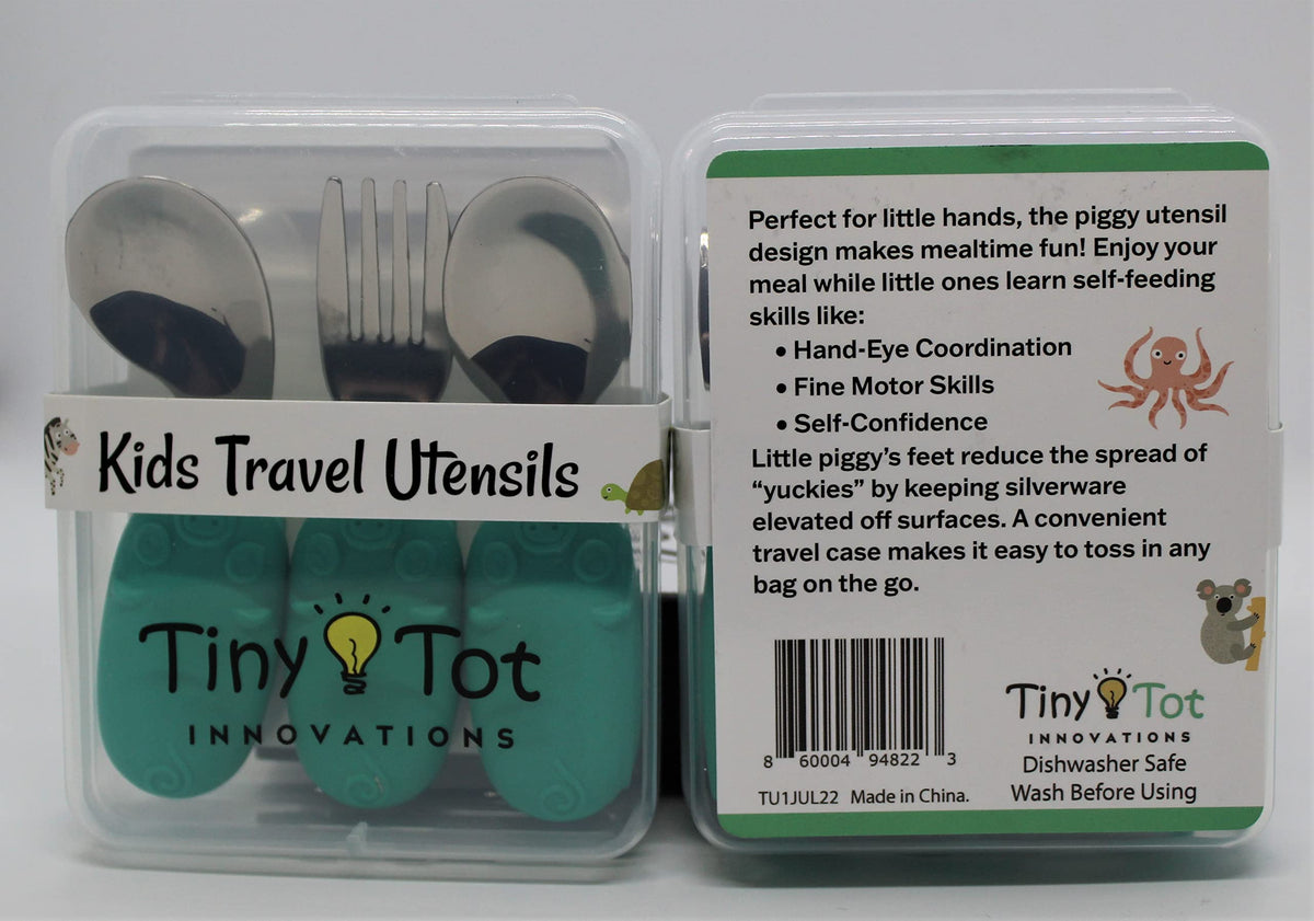 Juego de utensilios de viaje para niños con práctica funda de transporte. Incluye tenedor, cuchara universal y cuchara ergonómica para diestros. Asas de fácil agarre, utensilios de acero inoxidable