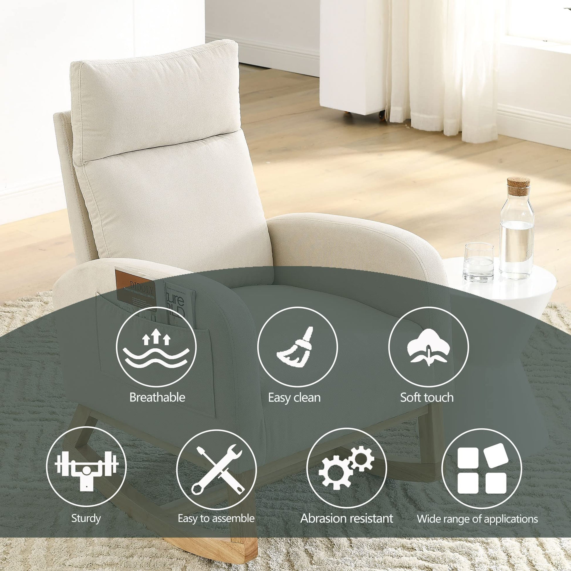 Krinana - Mecedora de guardería con patas de madera maciza, silla planeadora para guardería con dos bolsillos laterales, sillón basculante para sala de estar, recámara (beige, tela de lino)