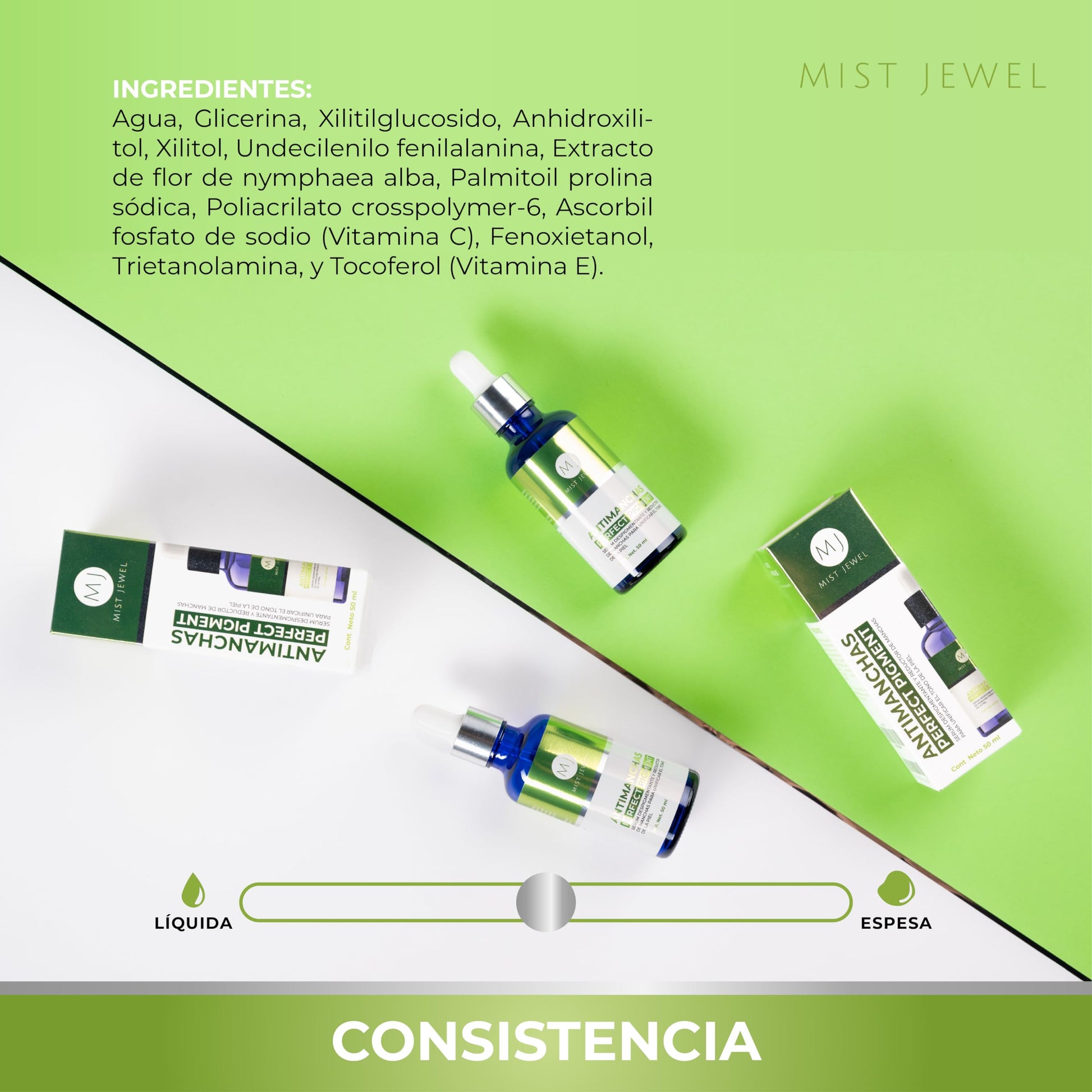 MIST JEWEL | Serum reductor de pigmentacion aclarador para manchas faciales en la piel, Suero facial antimanchas adicionado con vitamina C y E para unificar el tono y reducir hiperpigmentación 50ml
