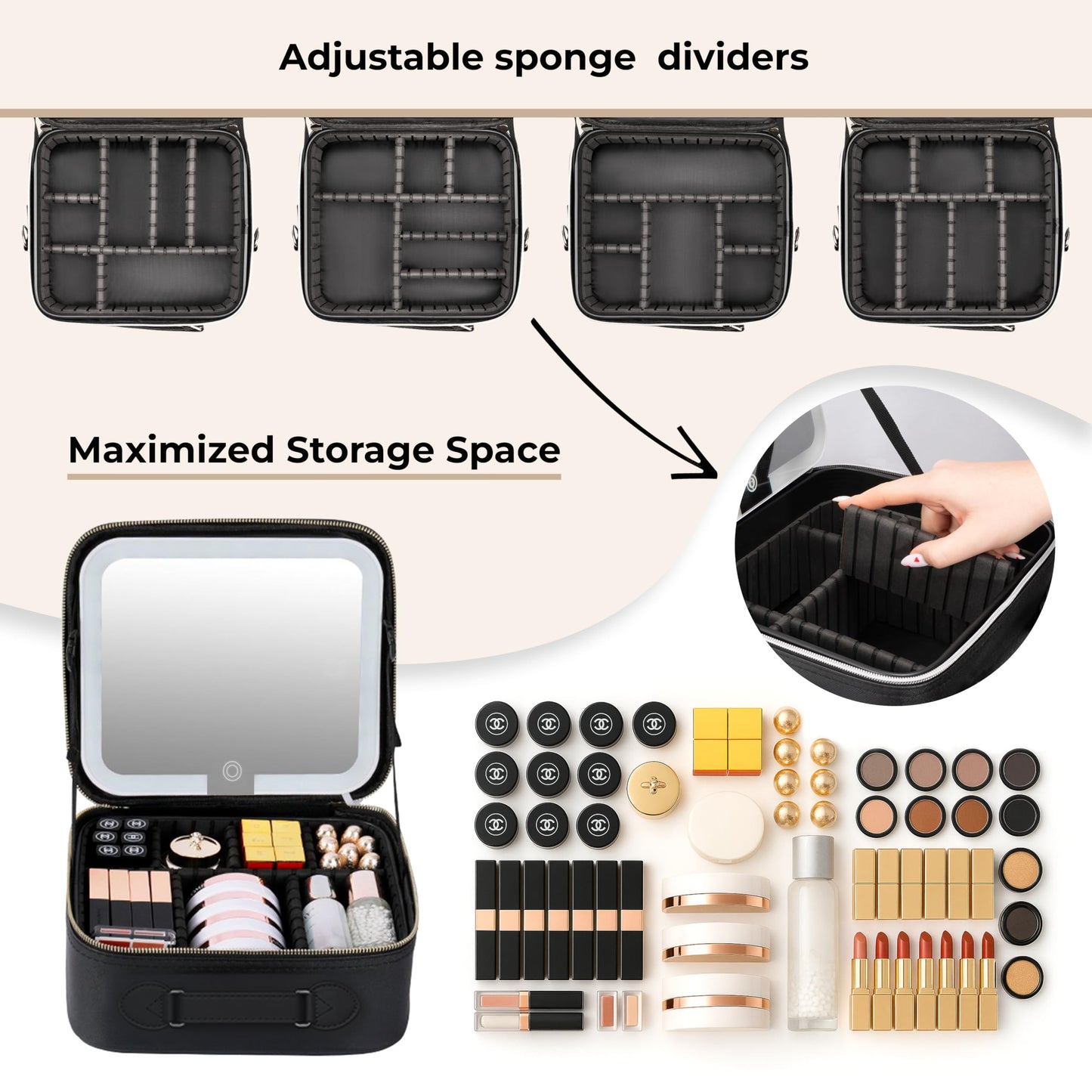 BeautyOnBoard - Bolsa de maquillaje con espejo LED, funda de maquillaje de piel sintética, 3 niveles de brillo ajustables, estuche cosmético iluminado con espejo, divisores, organizador de viaje
