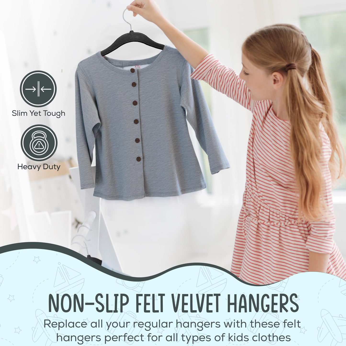 TechZoo - 50 Perchas para Ropa de Terciopelo para Niños de Alta Calidad, Antideslizantes de 14 Pulgadas, Ultra Delgadas, Ahorro de Espacio, Gancho Giratorio de 360°, Resistente y Duradero