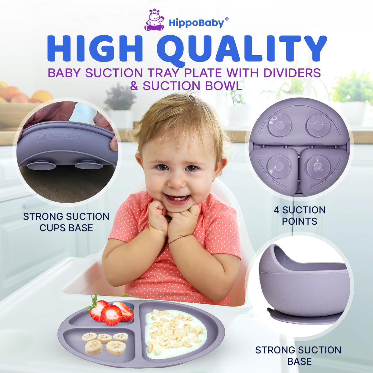 HippoBaby Suministros para Alimentación Guiada del Bebé | Juego de Alimentación de Silicona de 10 Piezas | Juego de Vajilla para Bebé y Niño Pequeño con Babero, Taza, Plato Dividido y Cuenco