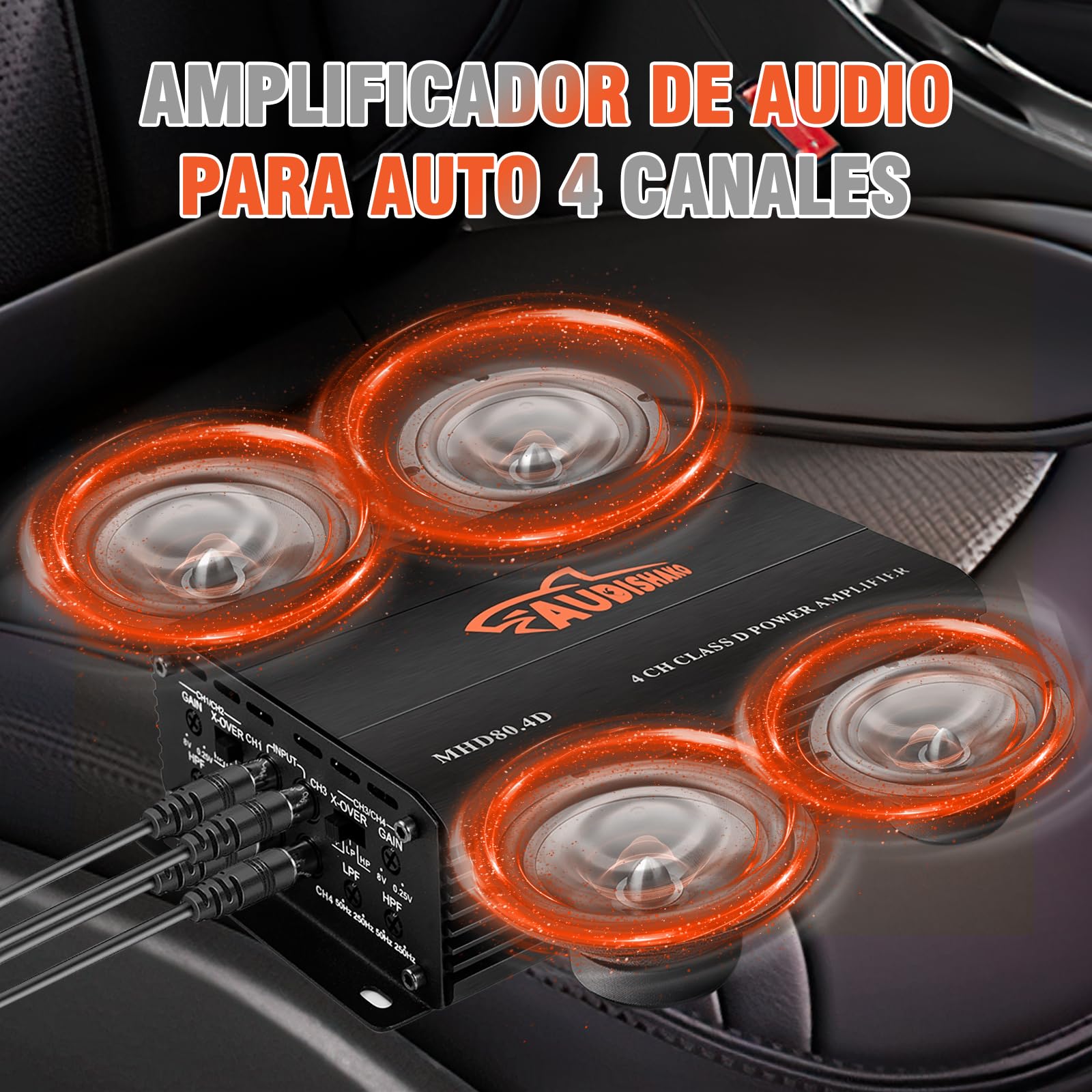 AUDISHAKO 1200W Amplificador de Audio de 4 Canales,Amplificador para Auto de Clase D, 2 Ohm 160W x 4 Canales para Motocicletas, Coches Deportivos y Otros Sistemas de Audio para Coche