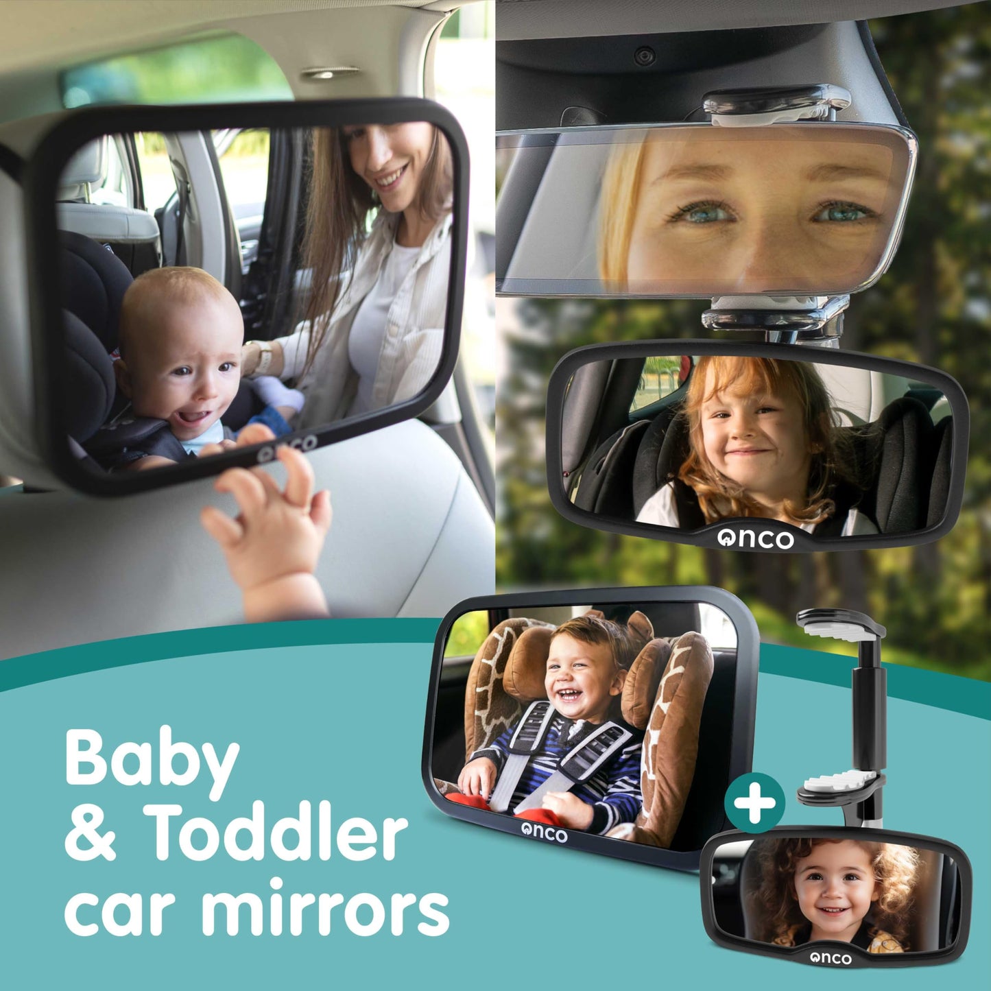 Onco - Juego de espejos para coche para bebé, retrovisores y delanteros, doble premiado, 100% inastillables y a prueba de sacudidas, rotación de 360°, vista convexa ancha, esenciales para recién