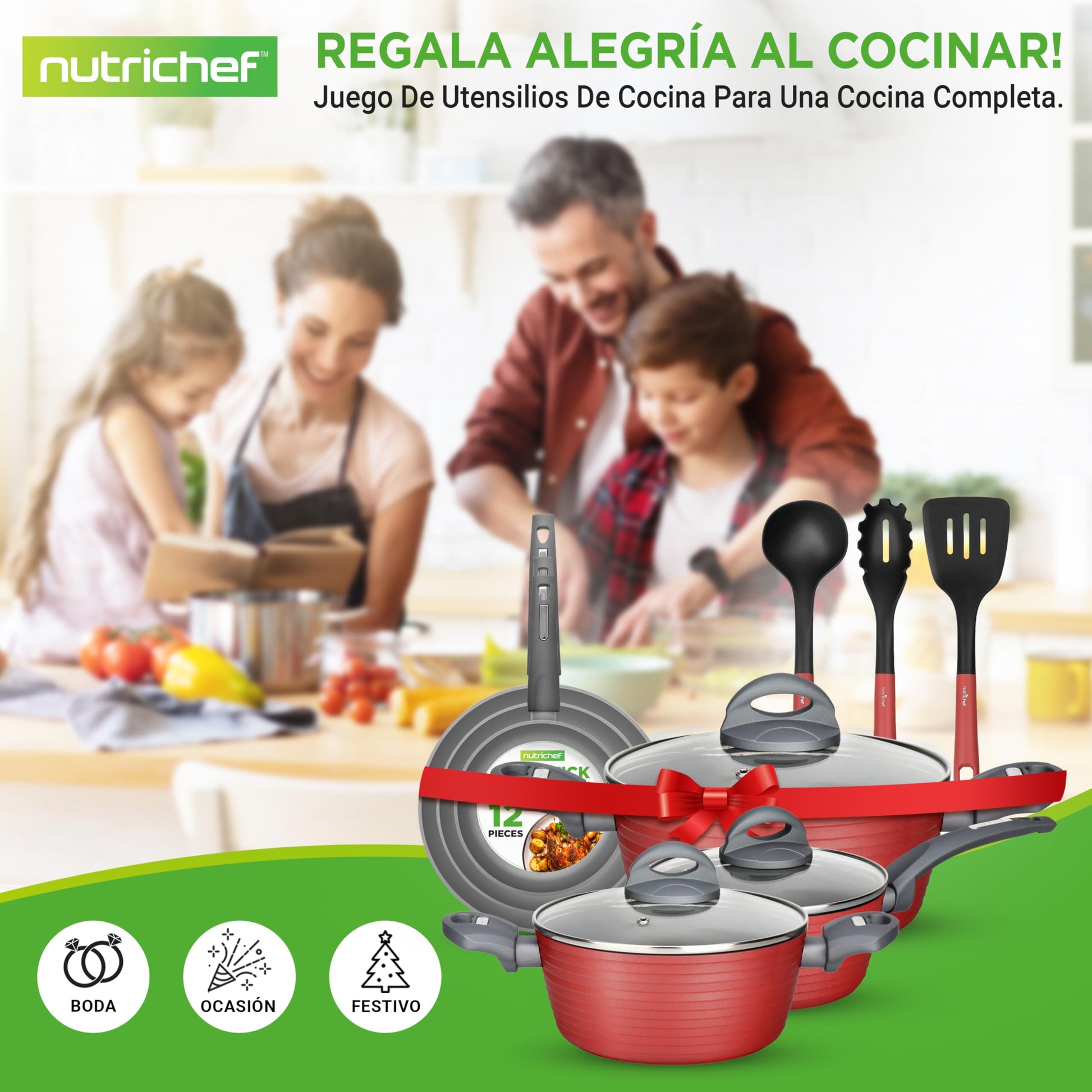 NUTRICHEF Bateria de Cocina Antiadherente de 12 Piezas Juego de Sartenes y Ollas Rojo. Duradero, Diseño Elegante Resistente al Calor. Libre de PFOA