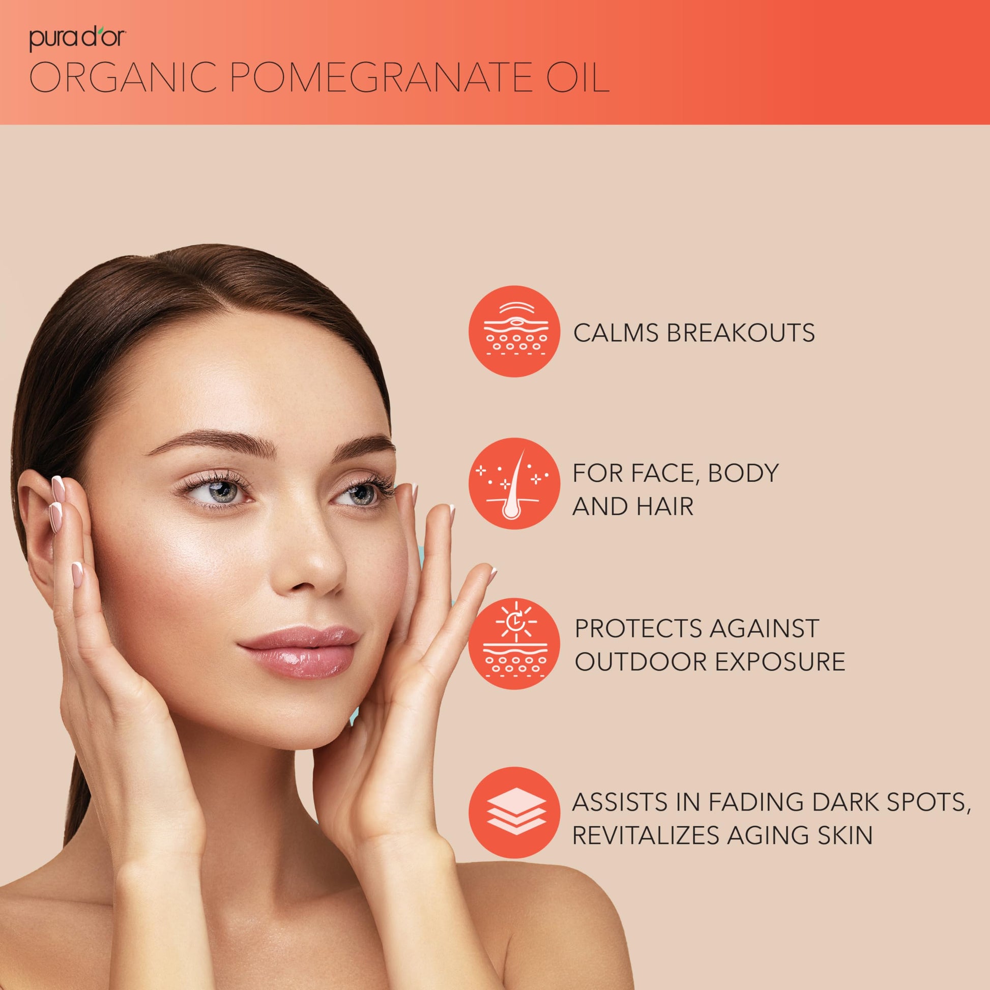 PURA D'OR Óleo de romã orgânico de 118 ml – Óleo de romã prensado a frio 100% puro certificado pela USDA – Óleo corporal orgânico para cabelo, rosto e pele – Hidratante capilar puro óleo de limpeza – Óleo de cicatriz