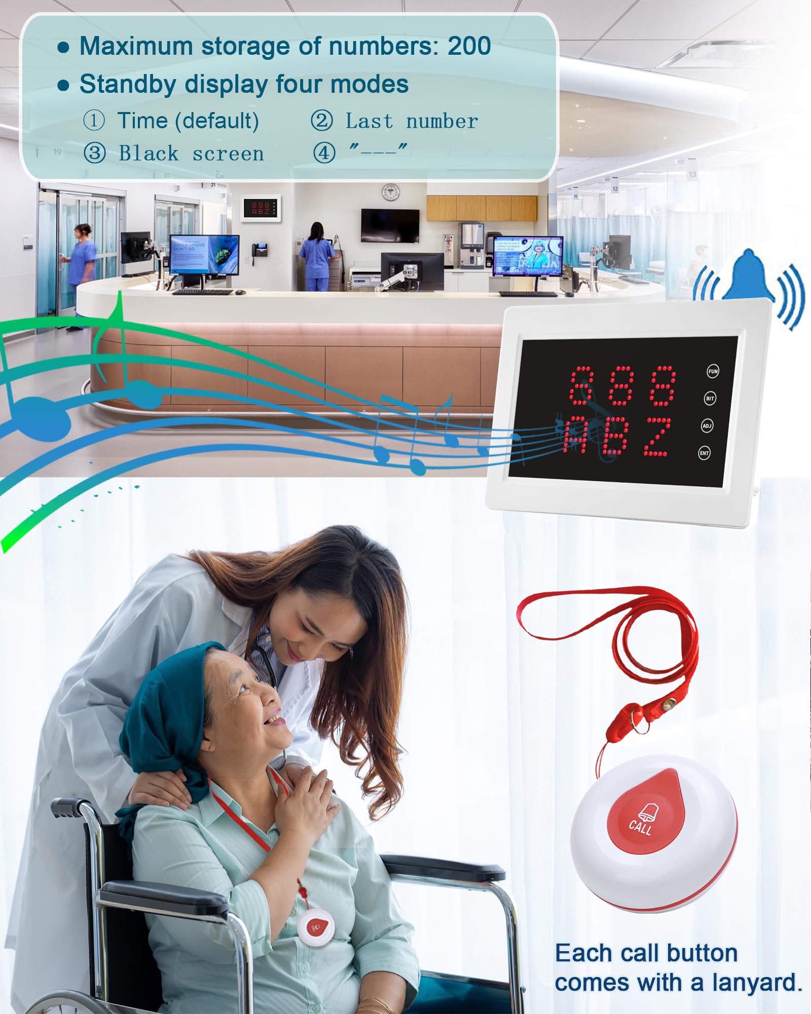 WNKRUN - Sistema de llamadas inalámbricas para cuidadores de 1200 pies con 1 receptor de visualización/control remoto inalámbrico/10 botones de llamada impermeables para cuidadores de clínica de