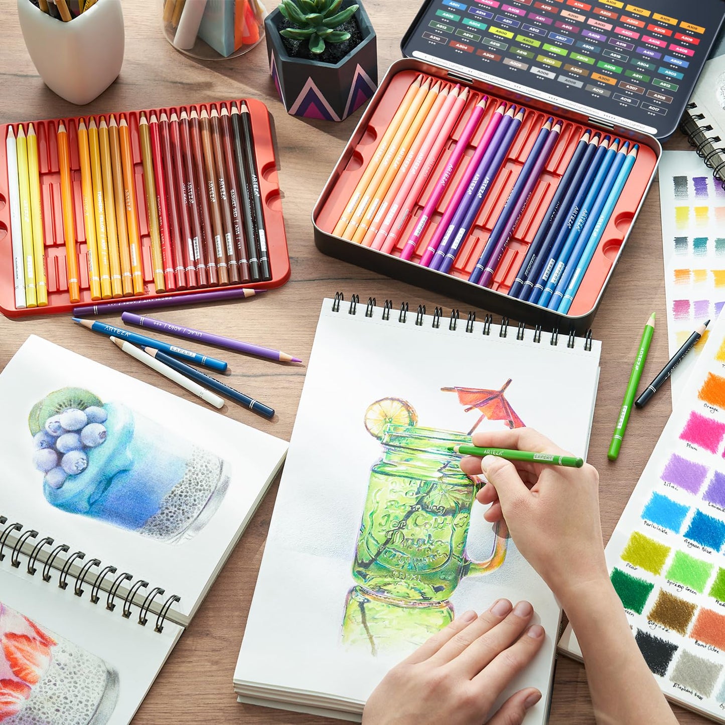 Arteza Lápices de colores profesionales para adultos y niños, Juego de 72, Estuche portátil de latón, minas resistentes a las roturas, Lápices para colorear, dibujar y sombrear