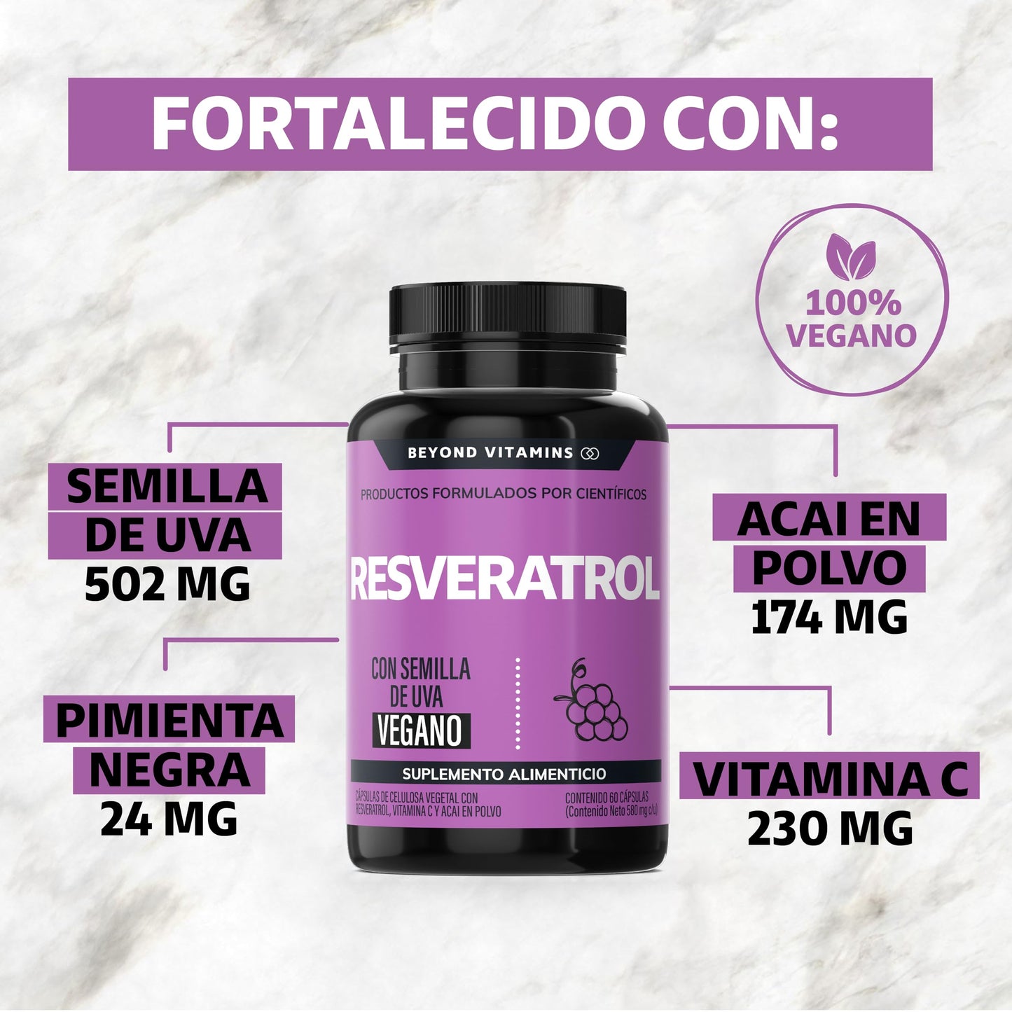 Suplemento Trans-Resveratrol Vegano con Pimienta Negra y Vitamina C para Mejor Absorción