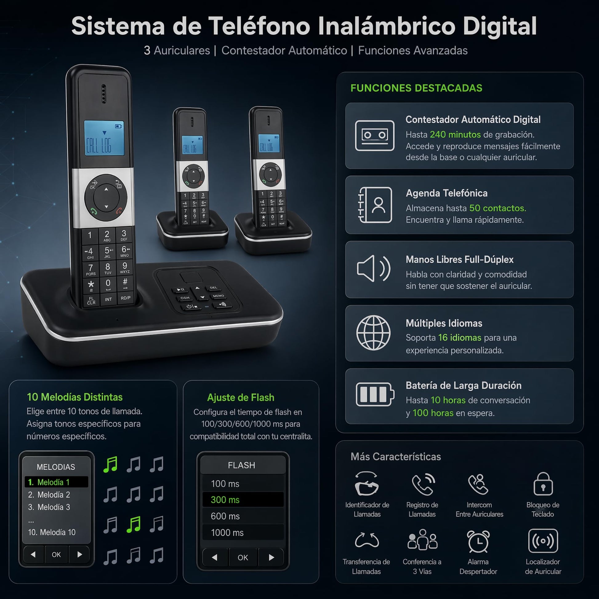 D1002 TAM-T Teléfono Inalámbrico de 3 Auriculares, con Contestador Automático Identificador de llamadas/llamada en espera, Pantalla LCD de 3 líneas de 1,6 pulgadas, Baterías recargables con 16 idiomas