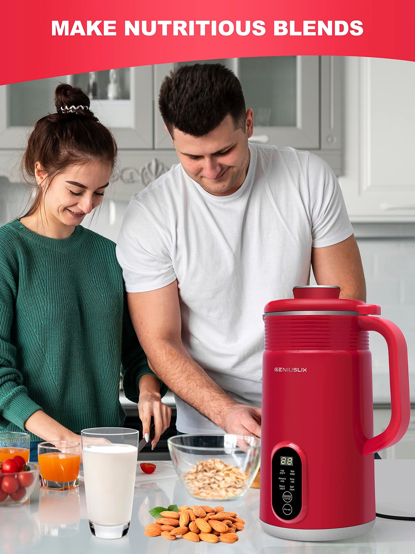 GENIUSLIX Máquina automática para hacer leche de nueces para leche casera a base de plantas con limpieza automática y control de temperatura, máquina de leche de soja, avena, coco, anacardo, almendra