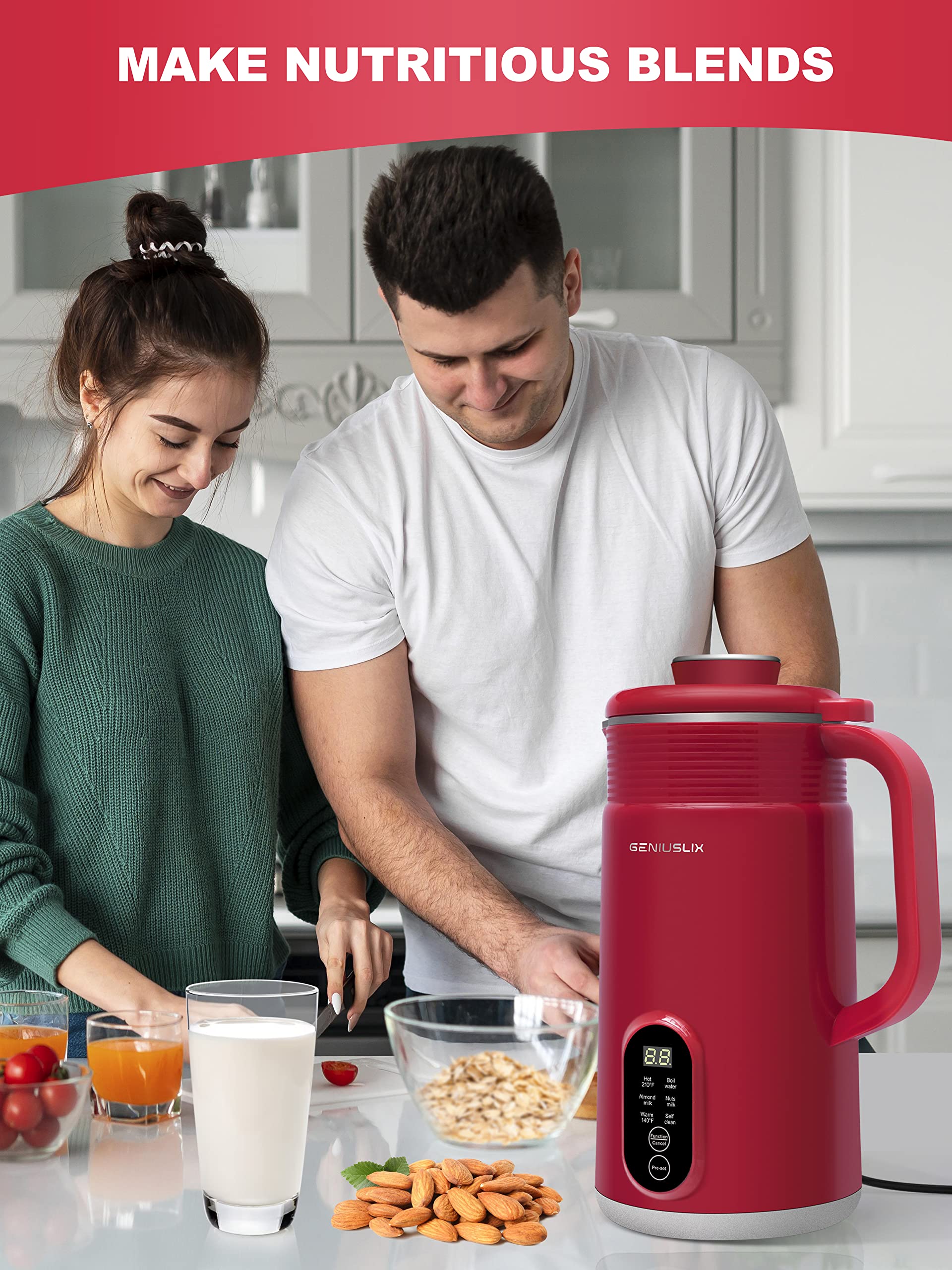 GENIUSLIX Máquina automática para hacer leche de nueces para leche casera a base de plantas con limpieza automática y control de temperatura, máquina de leche de soja, avena, coco, anacardo, almendra