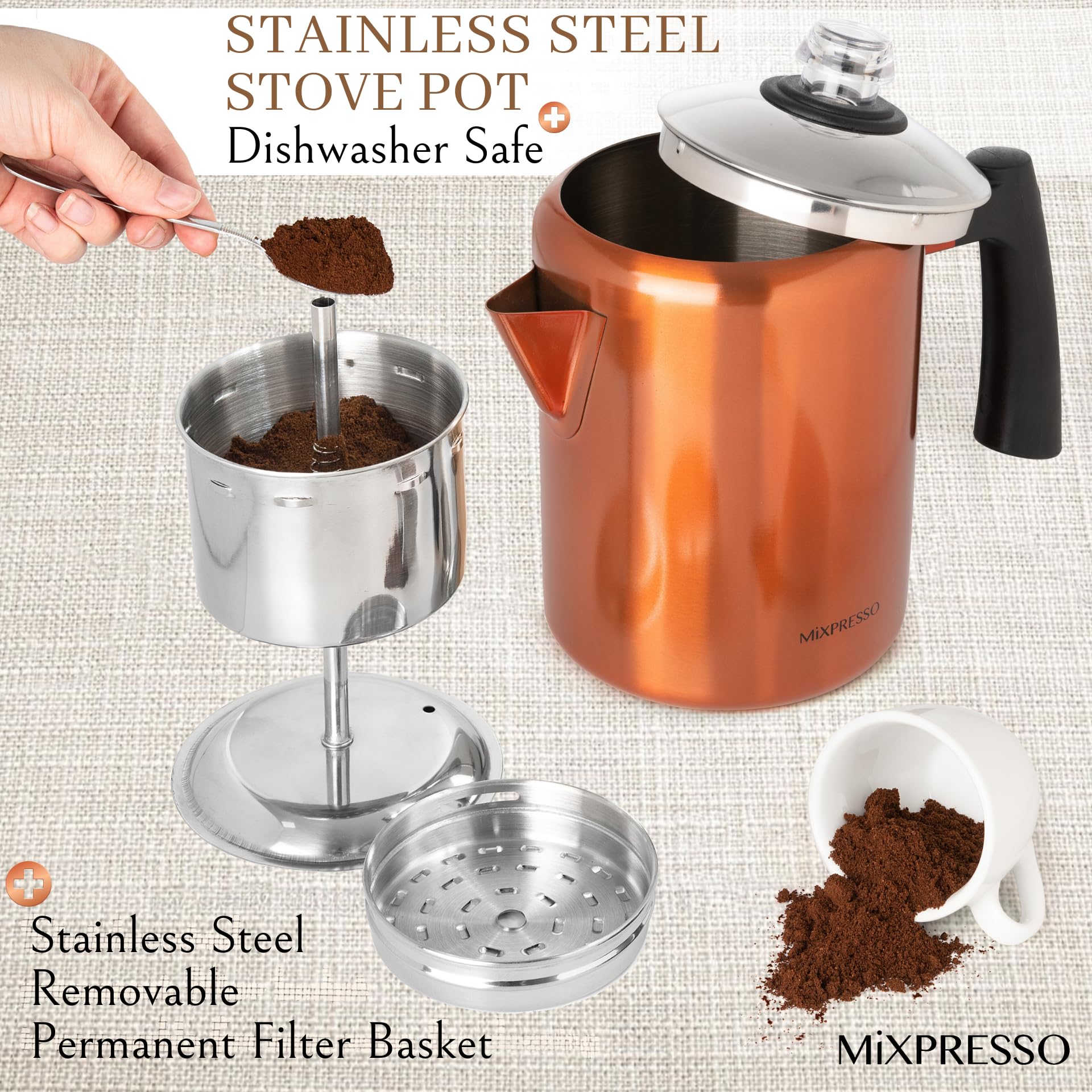 Estufa de Café Mixpresso Acero Inoxidable Cobre Mango de Tacto Frío 30 Onzas