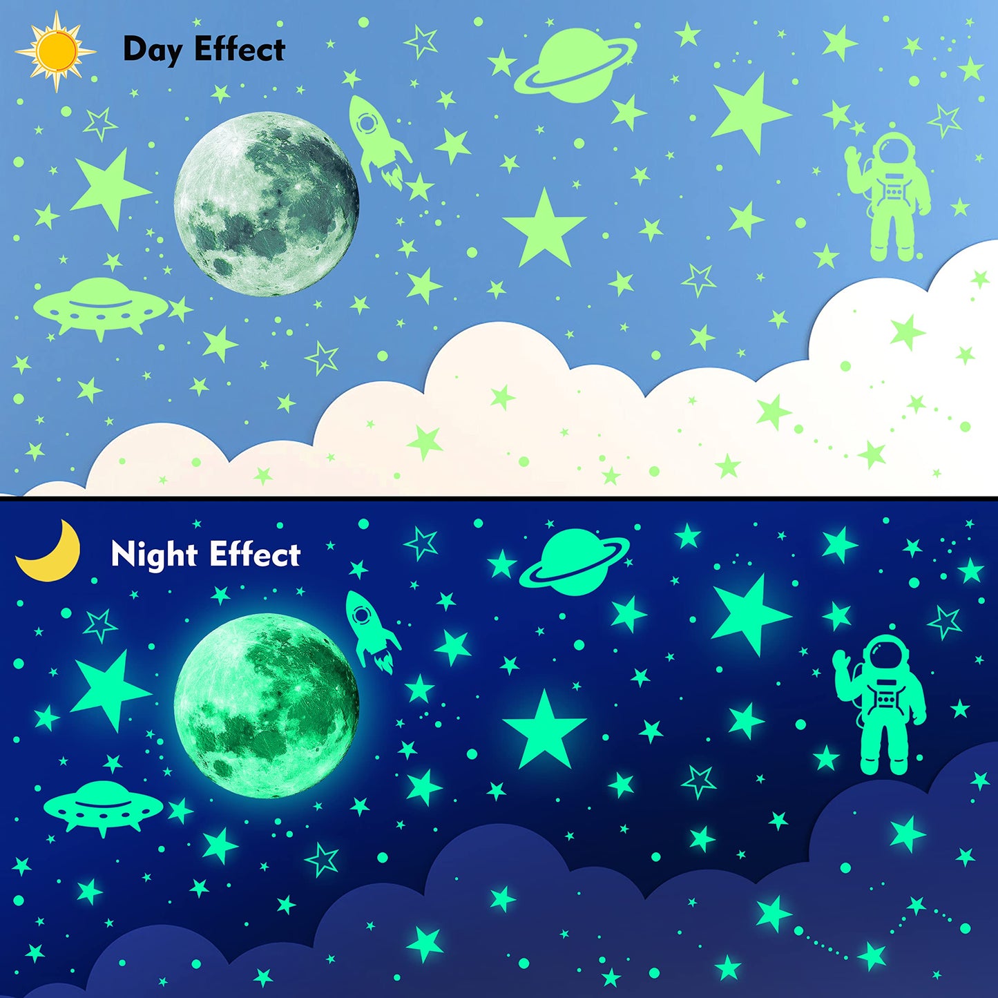 1078 piezas de estrellas que brillan en la oscuridad para planetas de techo, galaxia, espacial, guardería, pegatinas de pared, cohete, astronauta, decoración de habitación de niños y niños