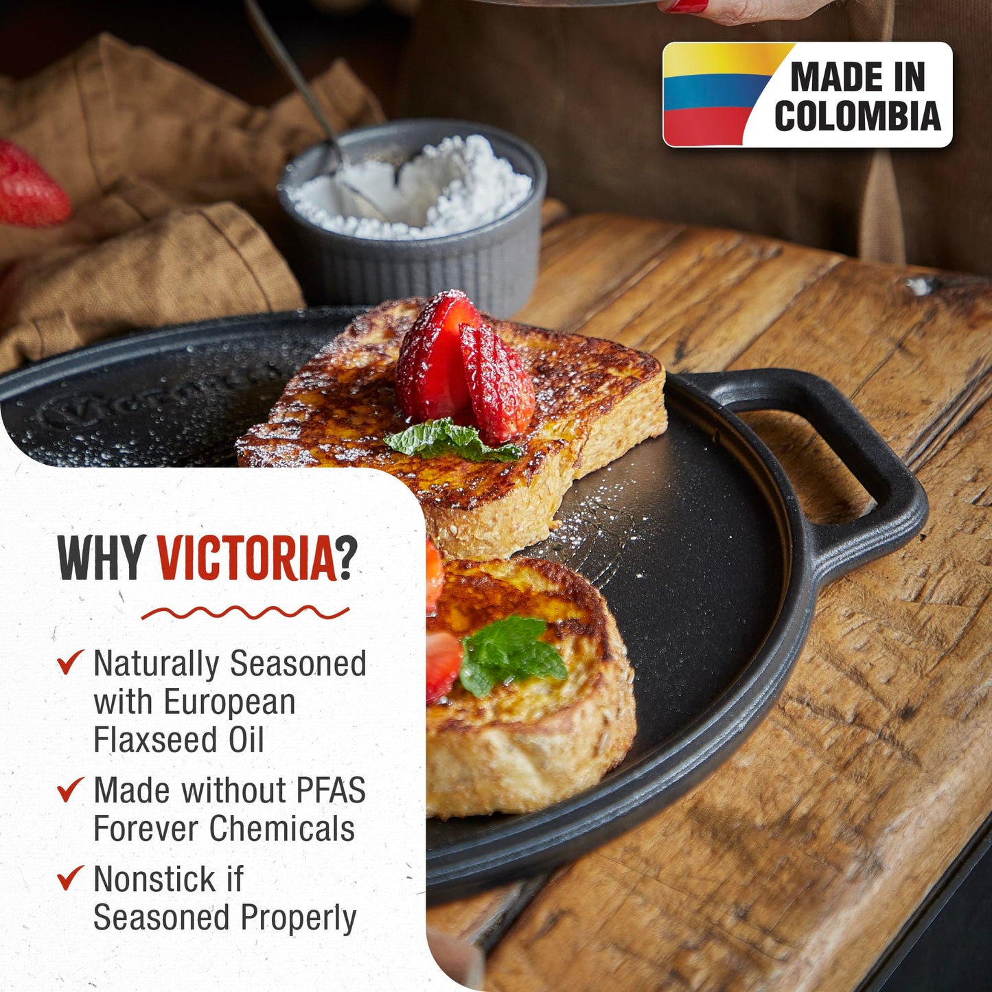 Victoria - Parrilla redonda de hierro fundido. Plancha de doble quemador, con asas de bobina extraíbles sazonadas con aceite de linaza 100% certificado KoBibir sin OMG, 12.5 pulgadas, negro