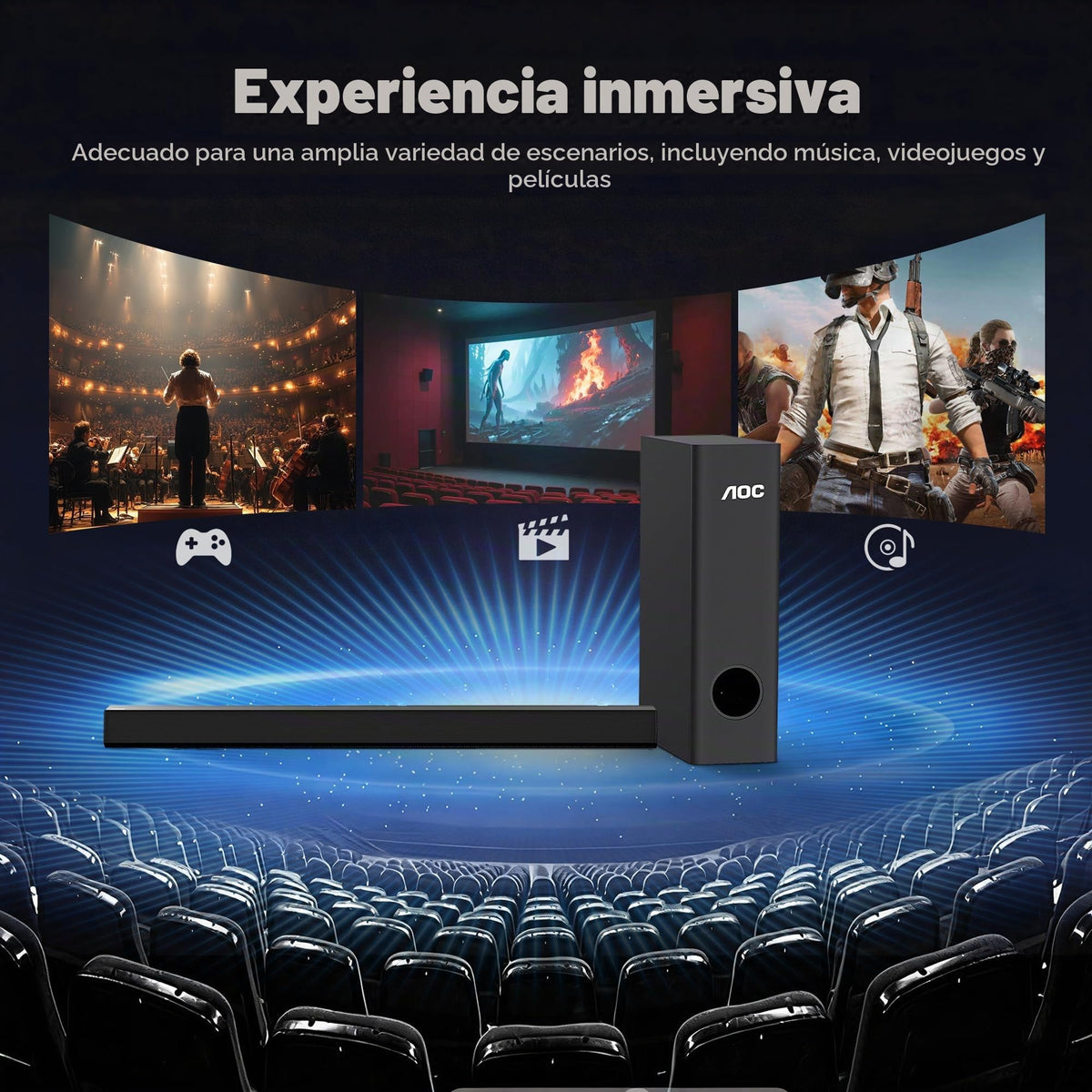 Barra de Sonido AOC ACS3410 Negro con Altavoz Bluetooth de 85 W para Cine en Casa