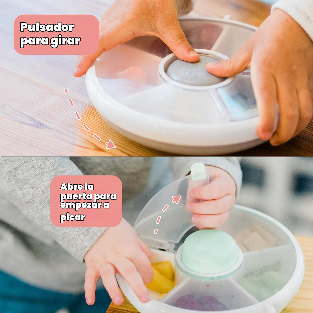 GoBe Paquete de Spinner Pequeño para Snacks de Niños con Correa de Mano y Hoja de Adhesivos - Contenedor de Aperitivos Reutilizable con Dispensador de 5 Compartimentos y Tapa | Libre de BPA/PVC | Apto