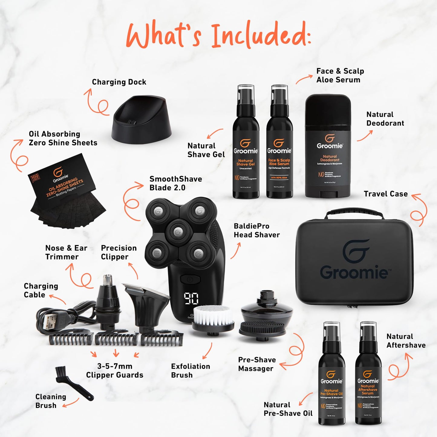 Groomie- Paquete de cuidado masculino: afeitadora eléctrica de cabeza BaldiePro para hombres calvos. Incluye estuche de viaje y cargador.