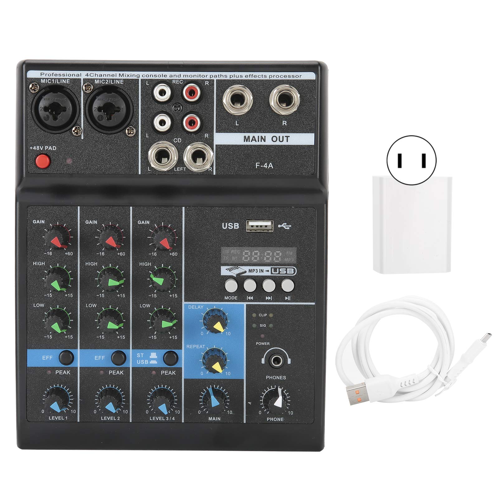 Heayzoki Consola de Placa de Sonido de Mezclador de Audio, Mezclador de Audio de 4 Canales, Consola de Mezcla Estéreo USB Compacta, con Tarjeta de Sonido, para el Hogar/Computadora(US)
