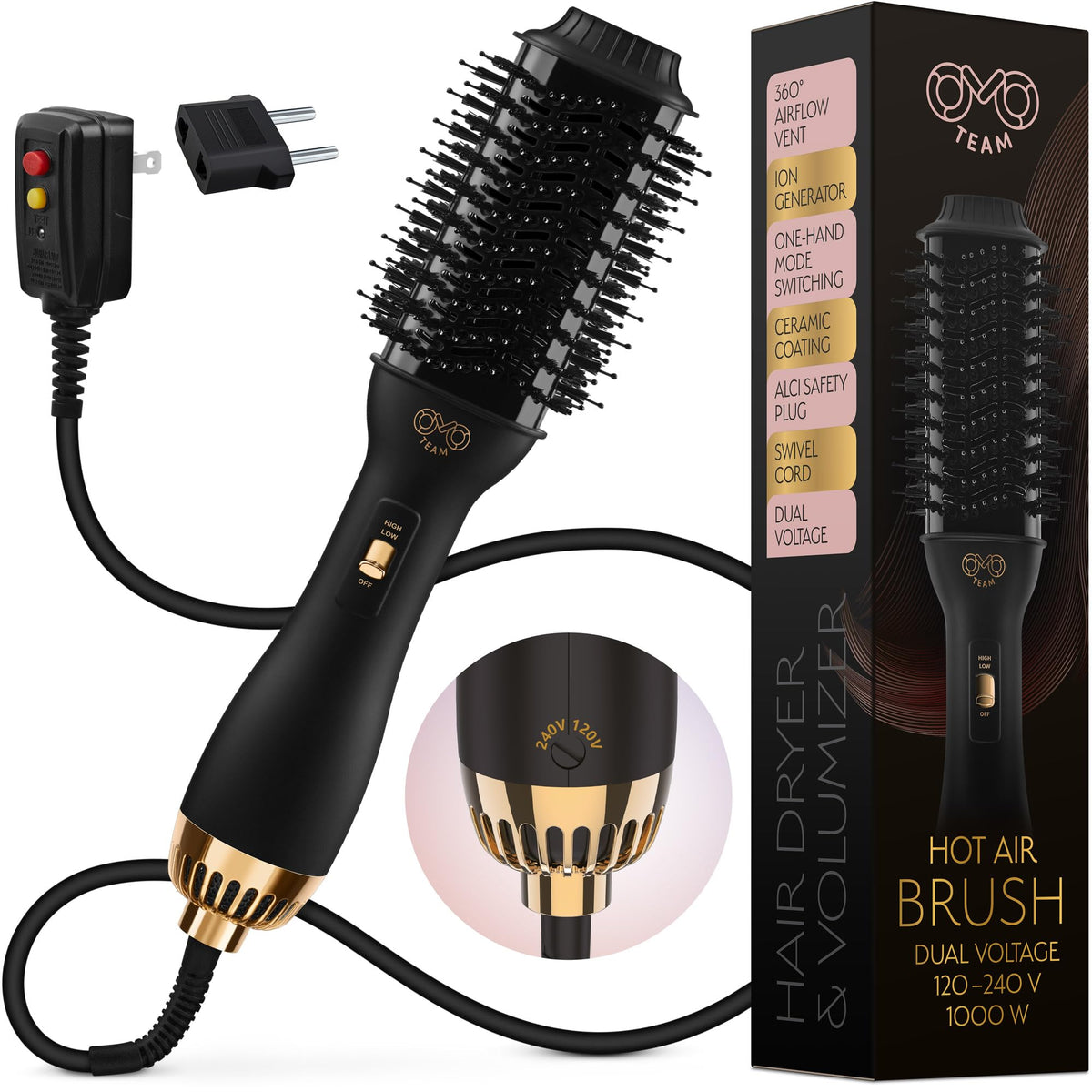 Cepillo Profesional OMOteam Oro Negro Secador y Volumizador para Mujeres