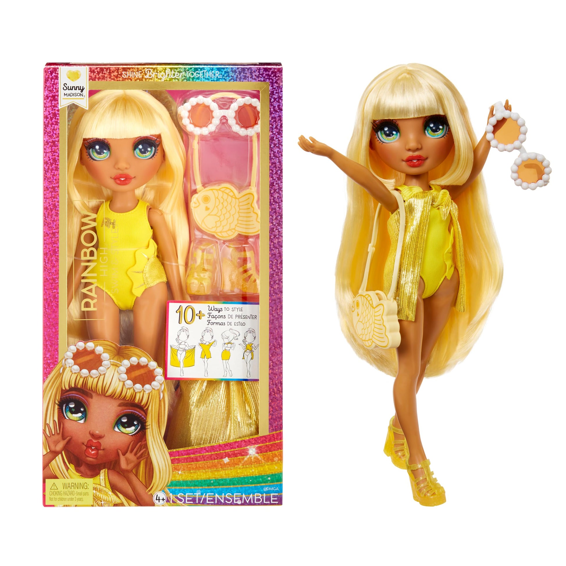 Muñeca Rainbow High Sunny Amarillo con Pareo y Traje de Baño Removible para Niños y Niñas