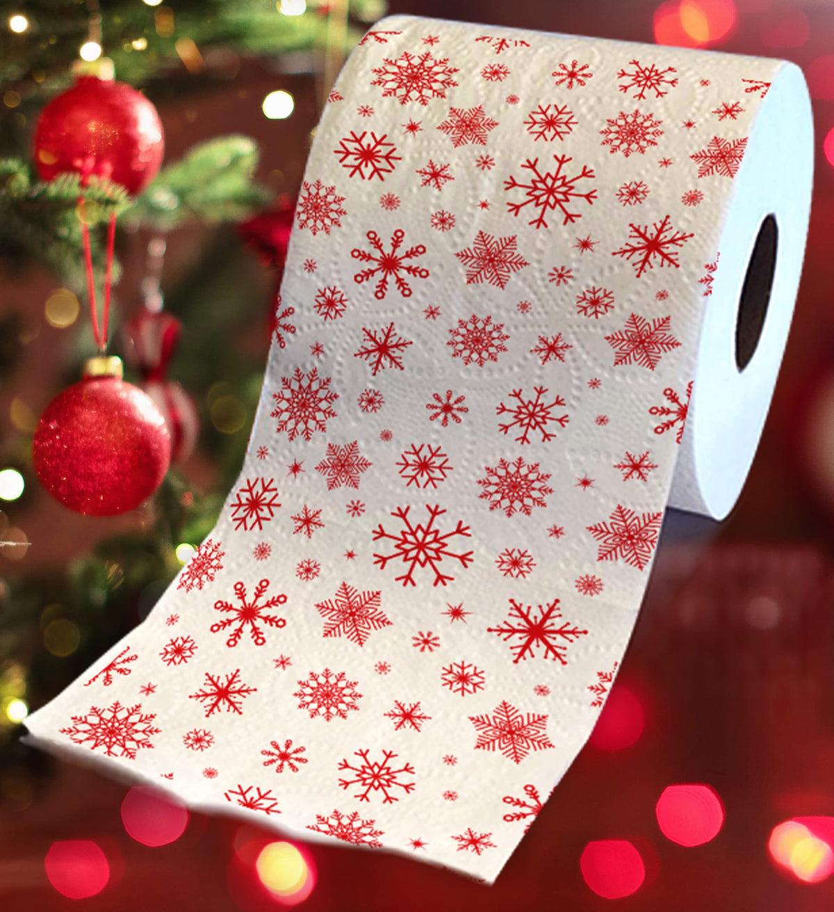 Papel Higiénico Impreso Printed TP Copos de Nieve Rojos Navidad Decoración Divertida