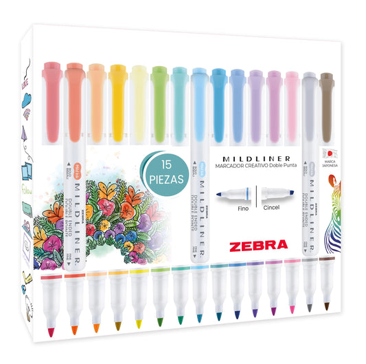 Zebra Mildliner Marcador Creativo De Doble Punta (Punta Cincel Y Punto Fino) Estuche 15 Piezas Multicolor.