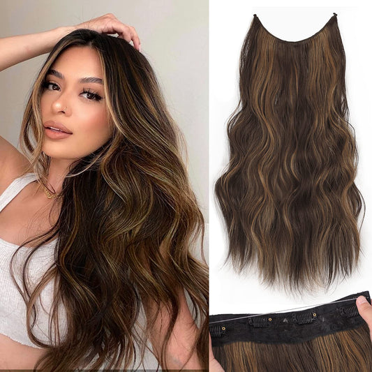 Slzhds Extensiones de Cabello Natural Ondulado, Extensión de Liga, Extensiones de Cabello Ondulado, Extensiones Halo con Diadema Invisible, 3/4 Cabeza Completa Ondulada Extensiones Cabello con Clip Seguros Extraíbles, Tamaño Ajustable, Resistente al Calor