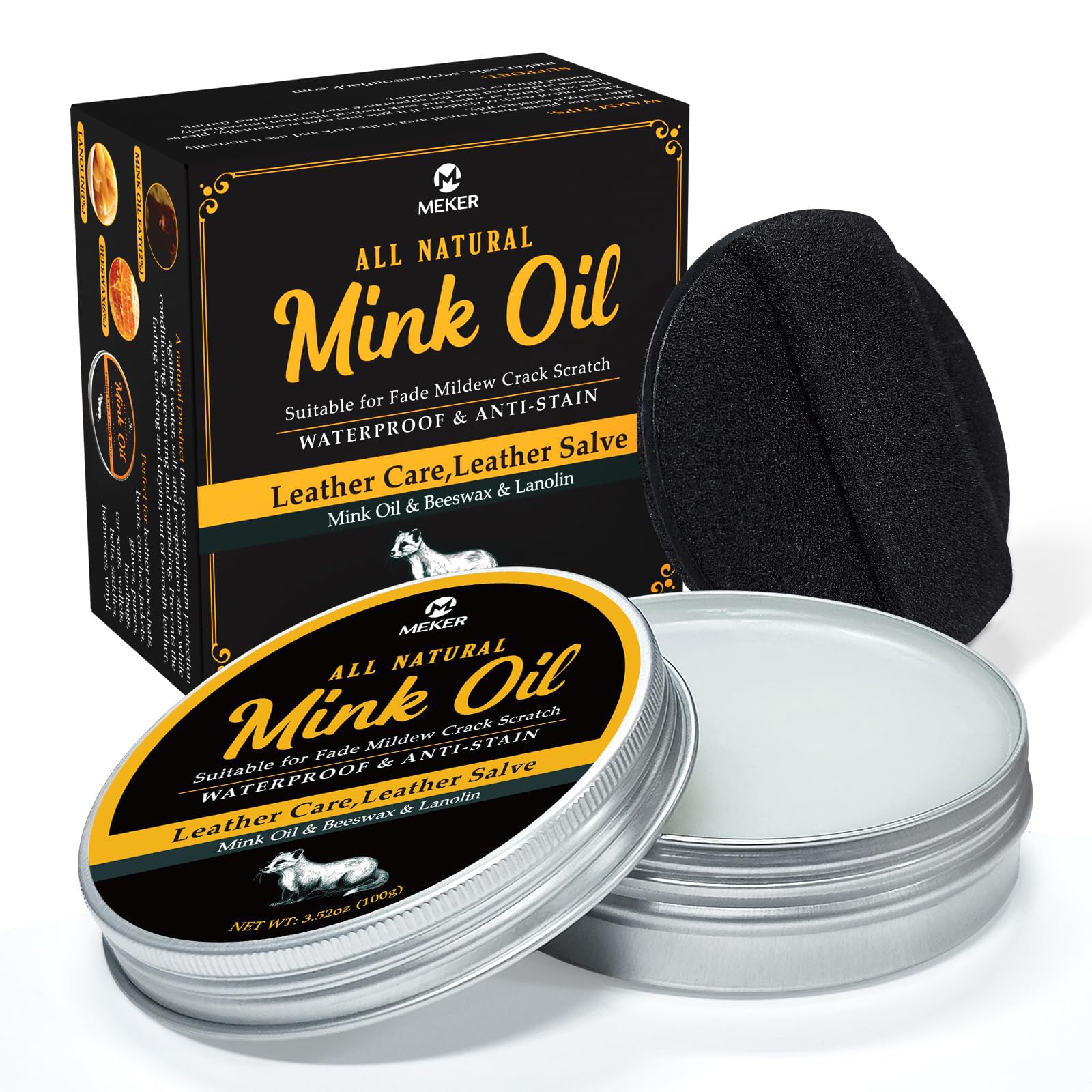 MEKER Aceite de visón para botas de piel, acondicionador de piel y limpiador de 3.5 onzas, totalmente natural, impermeable, suavizan y restauran los zapatos, Blanco, 100g