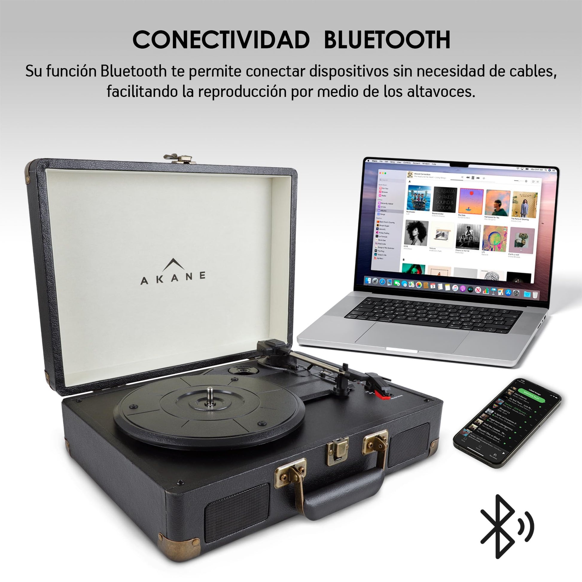 Akane Tocadiscos Vinyl Bluetooth Portátil con Bocinas Estéreo Integradas, Diseño Vintage de Maletín, Puerto USB, Salida de Audífonos y RCA, Entrada Auxiliar, Tornamesa para Vinilo de 3 Velocidades