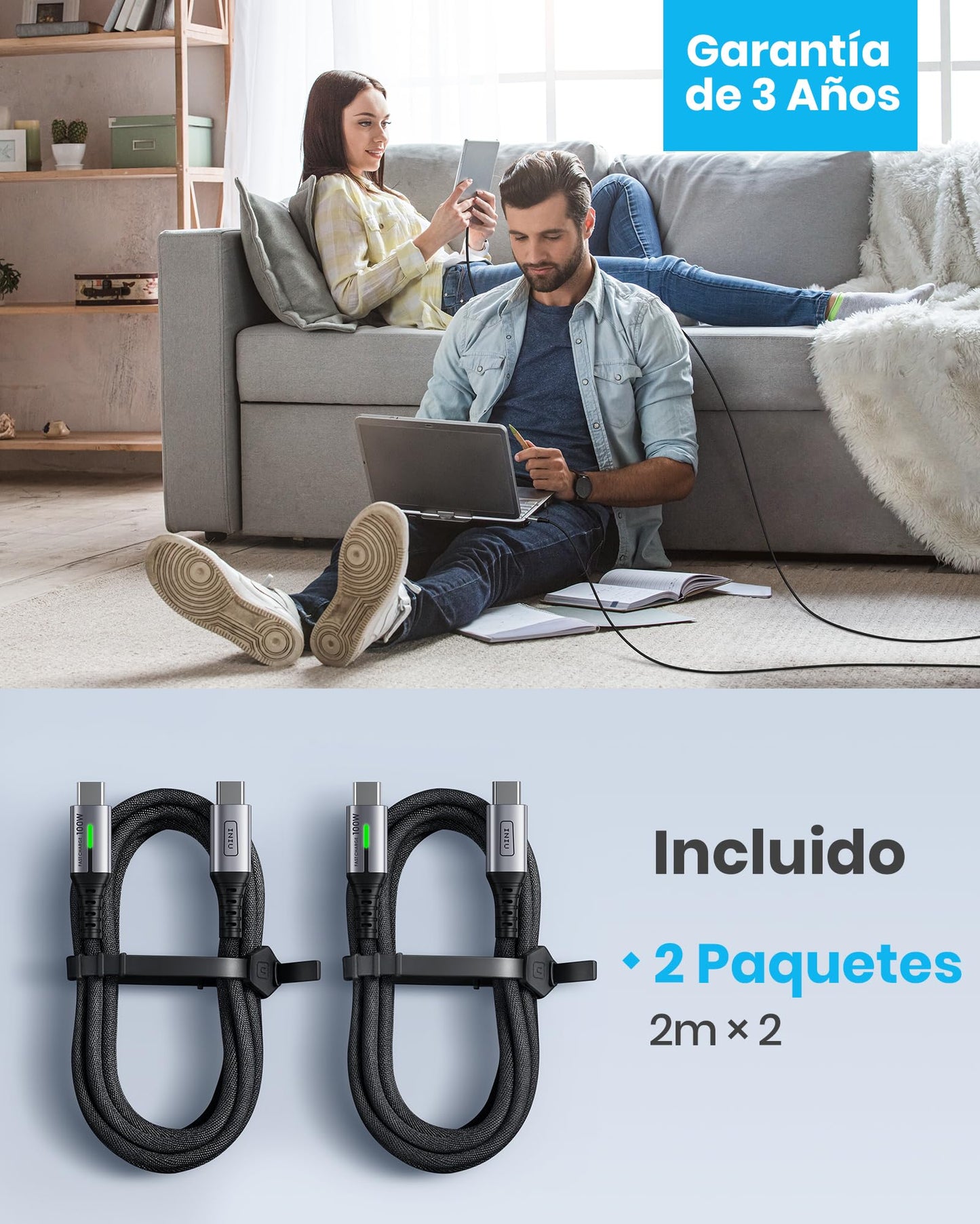 INIU Cable USB C a USB C, 100W [2m+2m] Cable USB C Carga Rapida PD QC 4.0 Cable Tipo C Nylon para iPhone 16 15 MacBook Pro 2020 Samsung S23 Ultra iPad Air Google Pixel Xiaomi Huawei Steam Deck