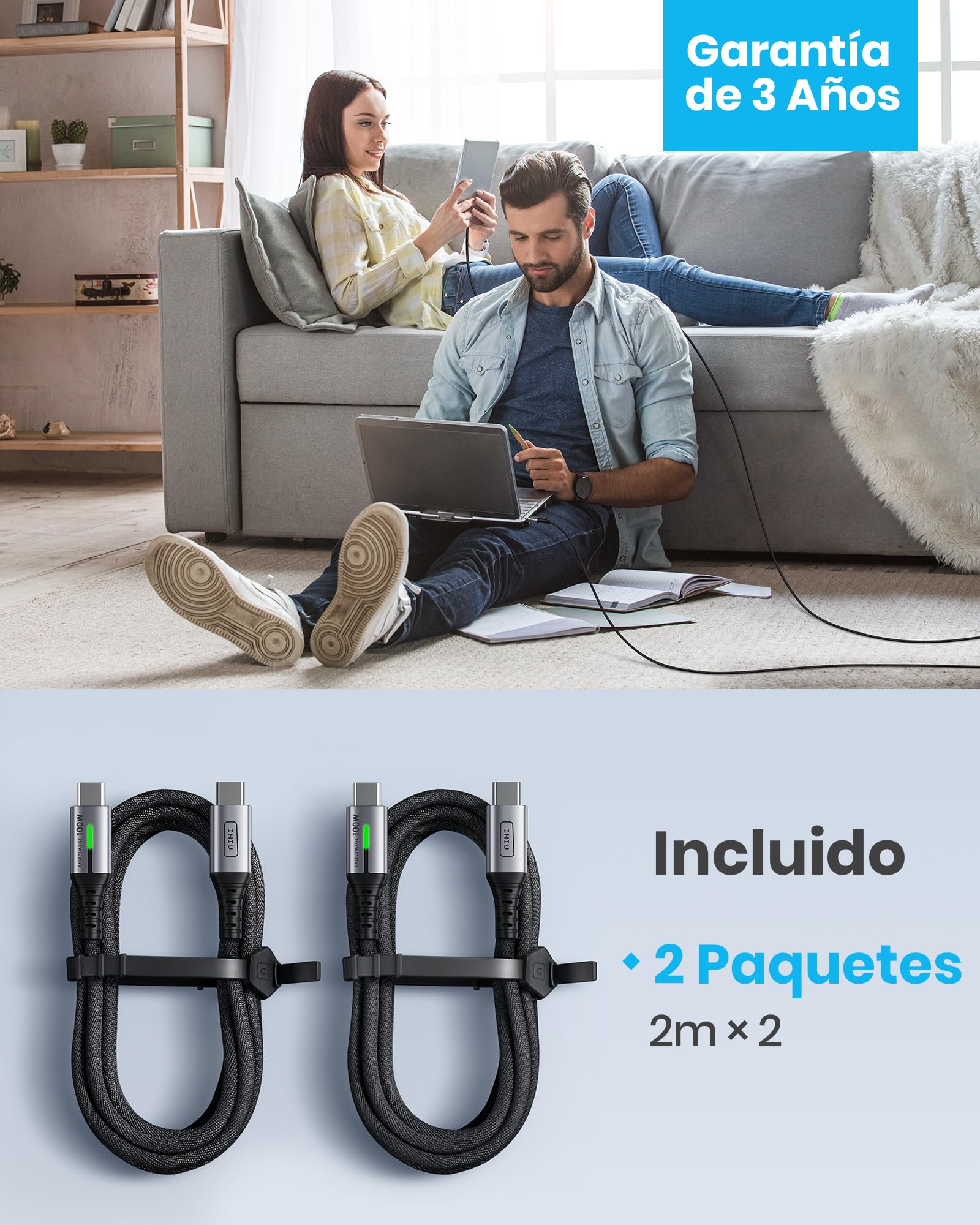INIU Cable USB C a USB C, 100W [2m+2m] Cable USB C Carga Rapida PD QC 4.0 Cable Tipo C Nylon para iPhone 16 15 MacBook Pro 2020 Samsung S23 Ultra iPad Air Google Pixel Xiaomi Huawei Steam Deck