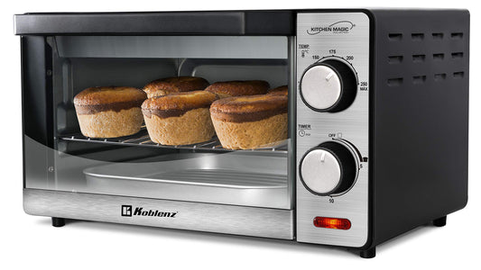 Koblenz Horno Tostador Eléctrico Koblenz de 4 Rebanadas, 10 Litros, Timer de 15 Minutos, Asa, Gratina, Dora, Tuesta y Calienta, 1000 W, 2 Accesorios, Acero Inoxidable (HKM-1000)