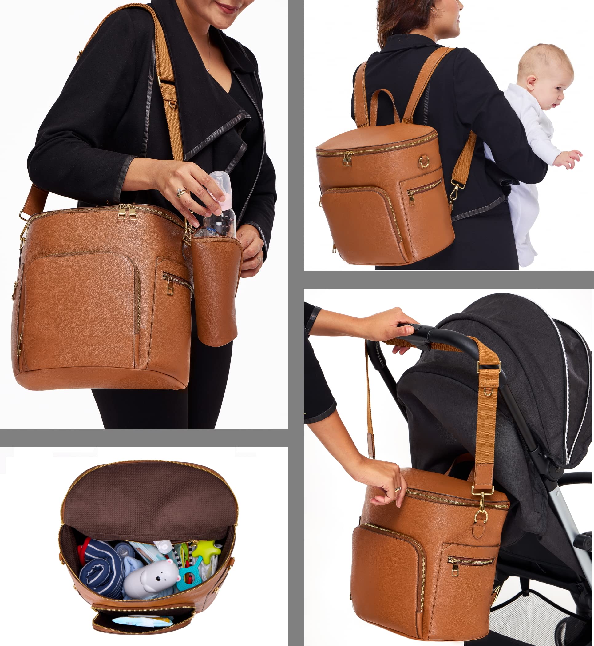 USRA - Bolsa de pañales de piel auténtica, mochila para mamás, organizador de bolsa de maternidad funcional de calidad duradera, Marrón, Large, Piel auténtica