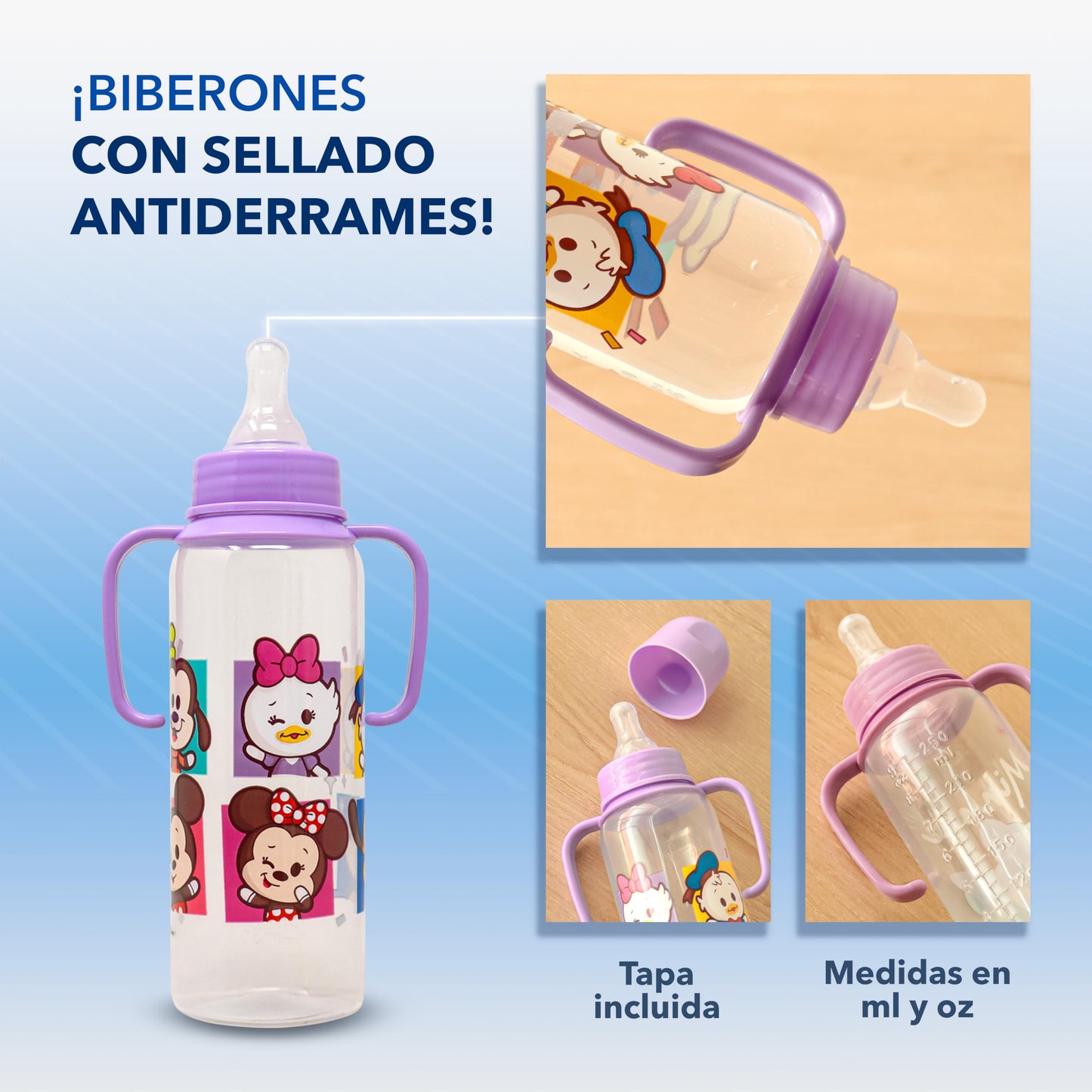 GAIRET Kit de Minnie Mouse para Bebé Niña: Incluye 2 Biberones de 9 oz con Asas y Sellado Antiderrames, 1 Babero Impermeable y 1 Chupón de Silicona con Sujetador de Ropa, Oficial Disney, 4 Piezas