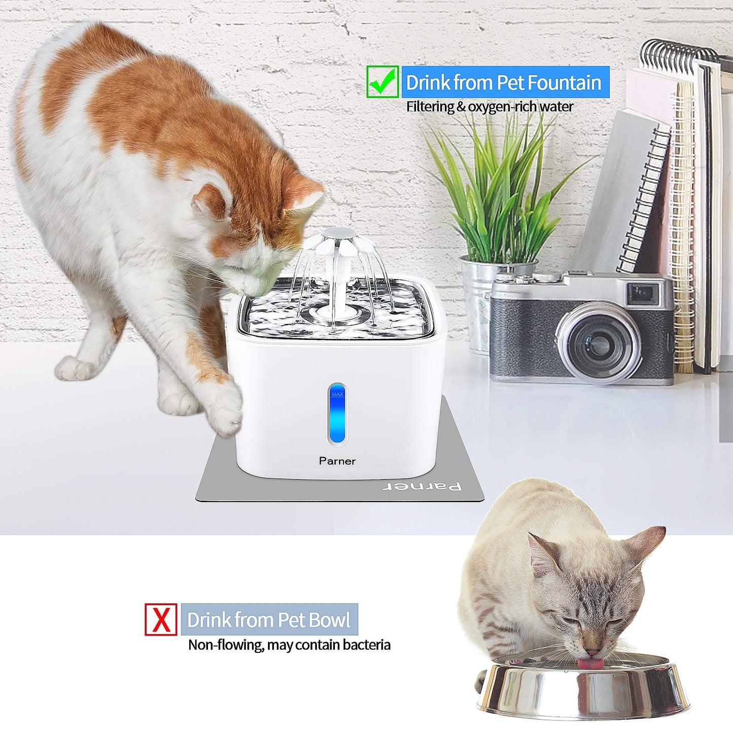 Fuente de Agua para Gatos Parner Acero Inoxidable Ultra Silenciosa con Indicador de Nivel y Filtros
