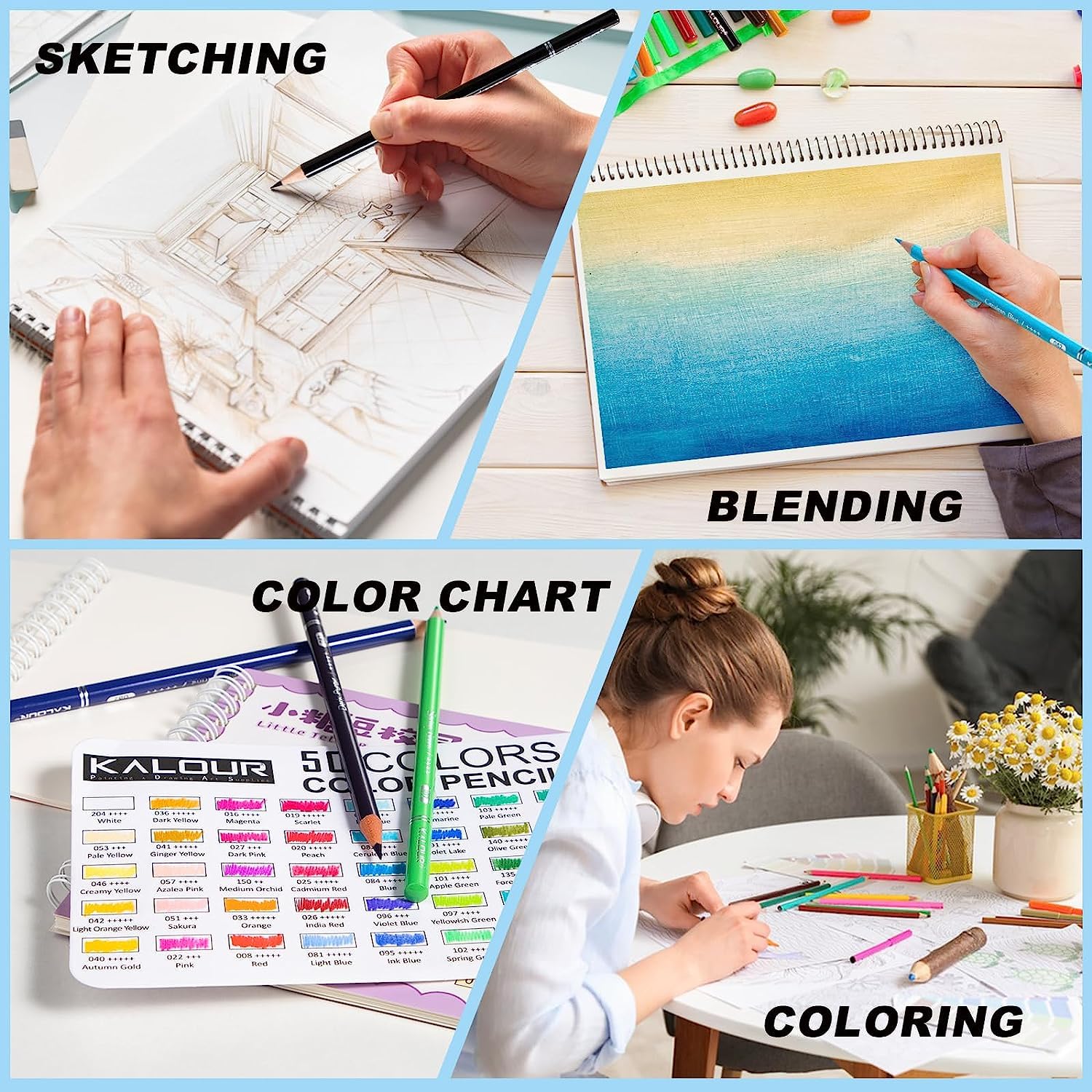 Lápices de Colores, Juego Profesional Lápices de colores de 50 Colores, Núcleos a Base de Cera Suave Numerados, Para Dibujar, Dibujar, Sombrear y Colorear