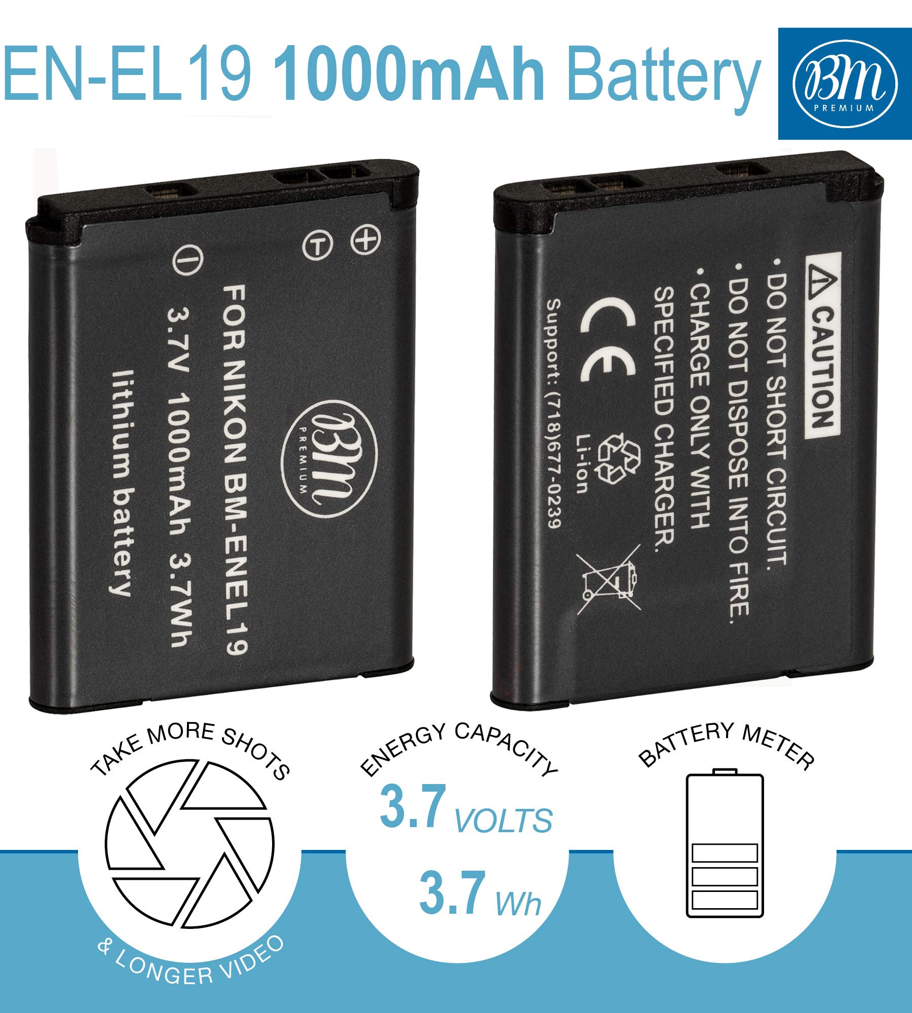 BM Premium 2-PACK of EN-EL19, ENEL19 Battery and Charger Kit for Nikon Coolpix S32, S33, S100, S3100, S3200, S3300, S3500, S3600, S3700, S4100, S4200, S4300, S5200, S5300, S6400, S6500, S6800, S6900, S7000 Digital Camera