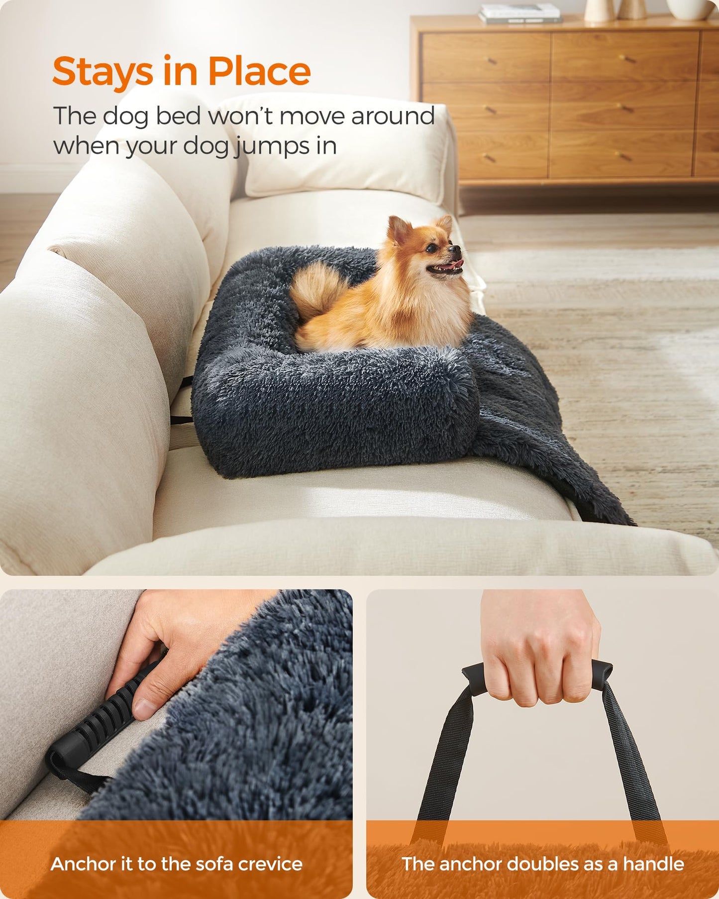 Feandrea Cama para Perros, Funda Protectora para Sofá, 80 x 75 x 16 cm, Tela de Felpa, M, para Perros Pequeños y Medianos,Gris Oscuro MPGW221G02