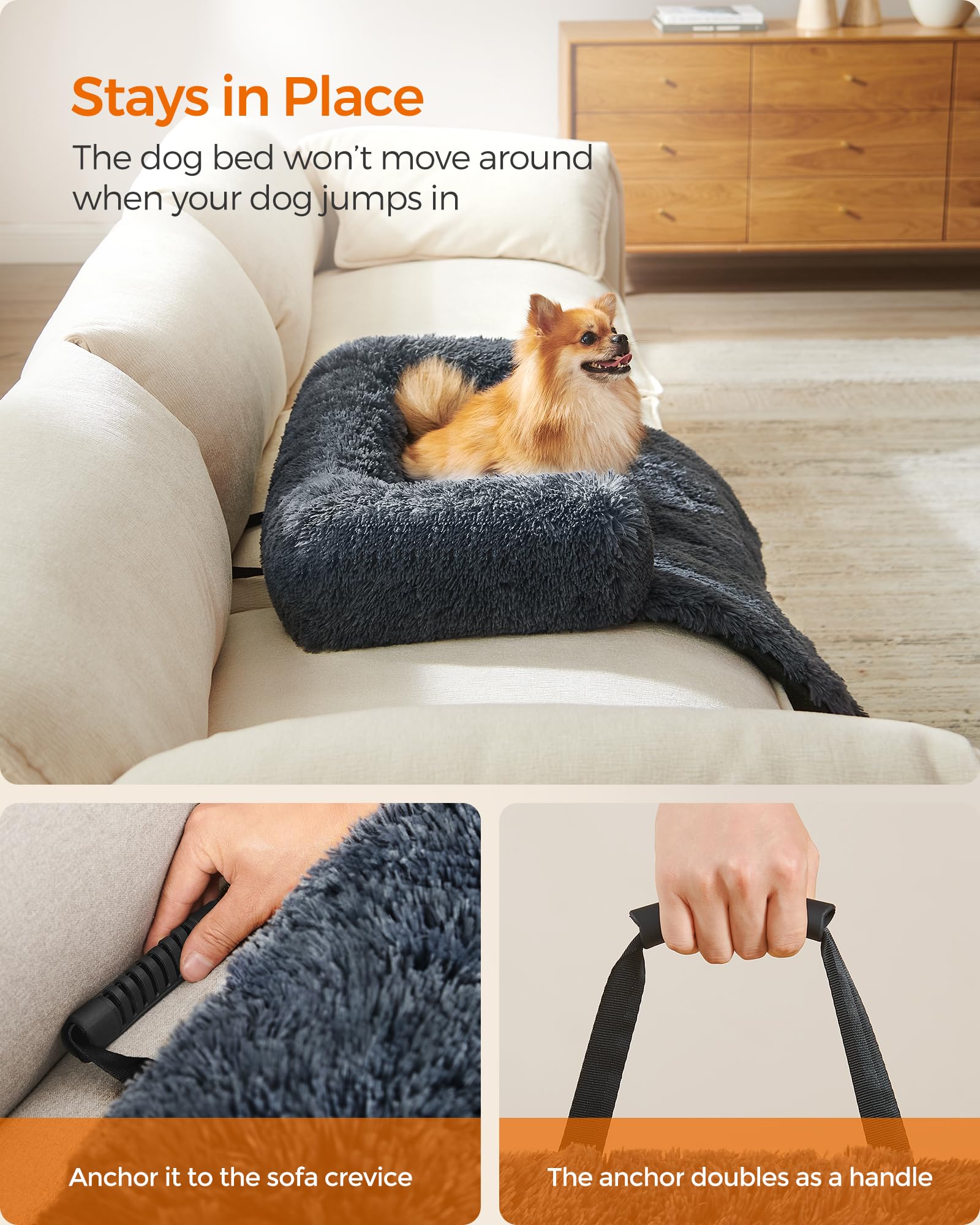 Feandrea Cama para Perros, Funda Protectora para Sofá, 80 x 75 x 16 cm, Tela de Felpa, M, para Perros Pequeños y Medianos,Gris Oscuro MPGW221G02