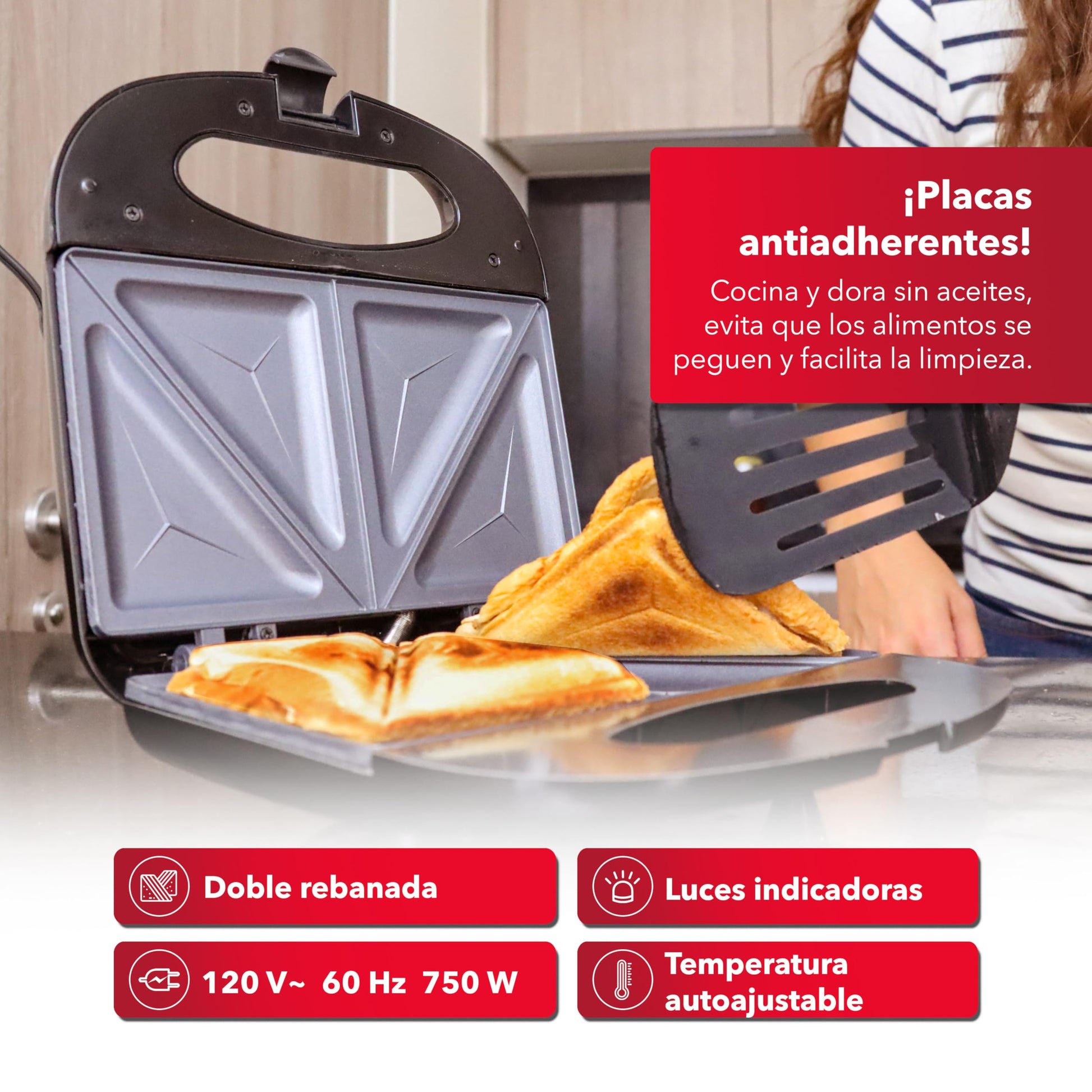 RCA Sandwichera Eléctrica RC-SW1, Placa Antiadherente, Doble Rebanada, Temperatura Ajustable, Luces Indicadoras, Seguro Frontal, Diseño Compacto y Acero Inoxidable, Ideal para Sándwiches y Desayunos