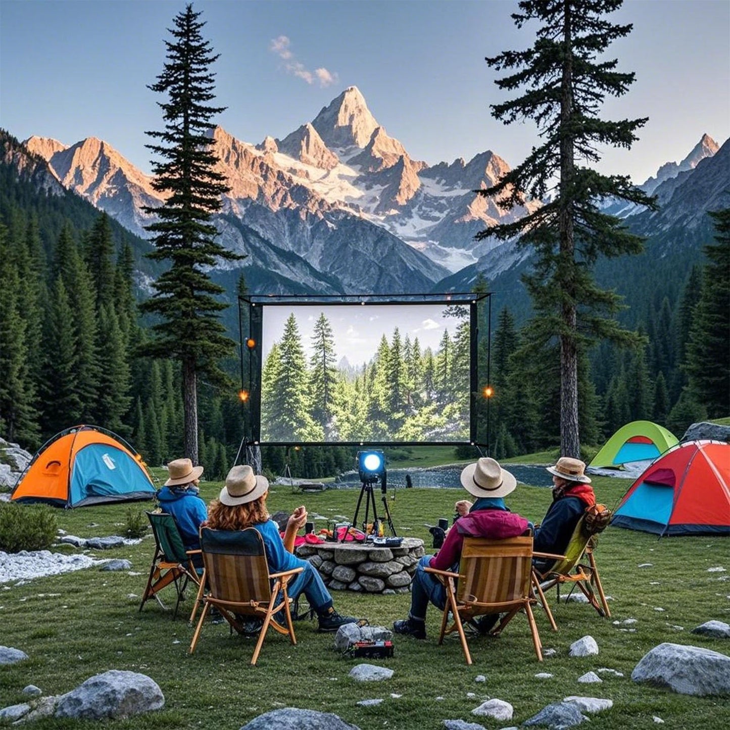 Pryznal - visualización de proyector plegable de 150 pulgadas, diseño de cuerda de 4 esquinas, portátil antiarrugas 16:9 HD para interiores y exteriores para camping, fiestas y cine en casa