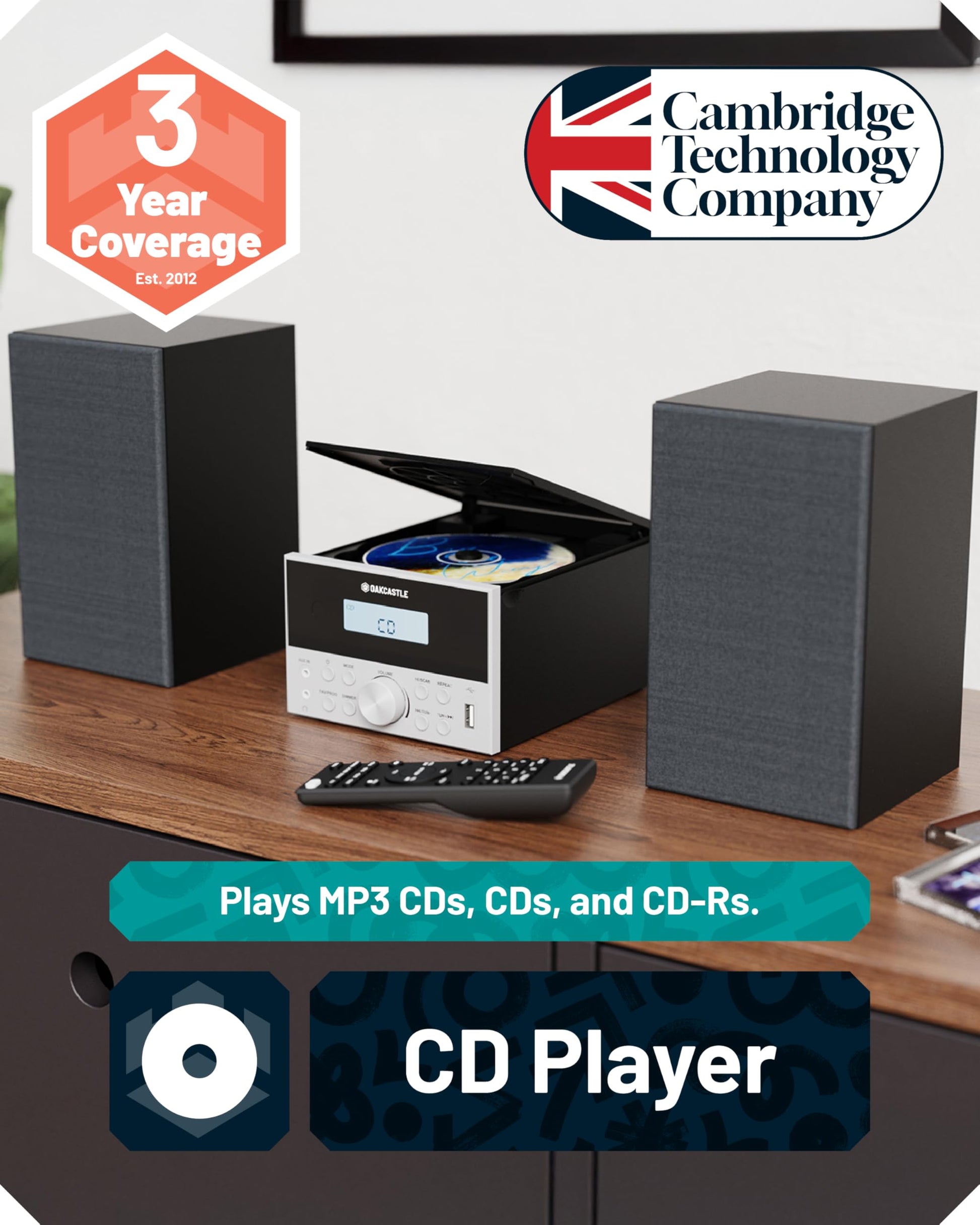 Sistema Estéreo Bluetooth 5.2 Potente de 20 W con Reproductor de CD y Altavoces de Madera para el Hogar