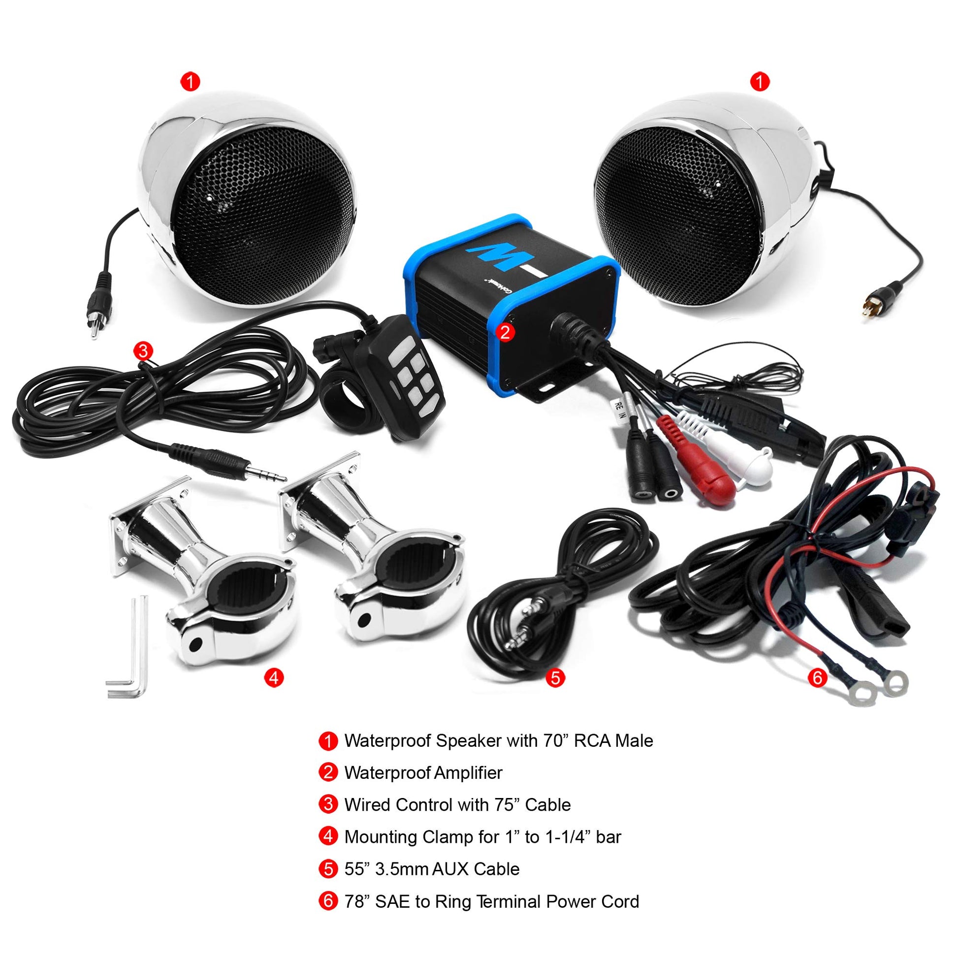 GoHawk TN4-W - Amplificador impermeable de 4 pulgadas, rango completo Bluetooth para motocicleta, altavoces estéreo de 1 a 1.25 pulgadas. Sistema de amplificador de audio para montaje en manubrio