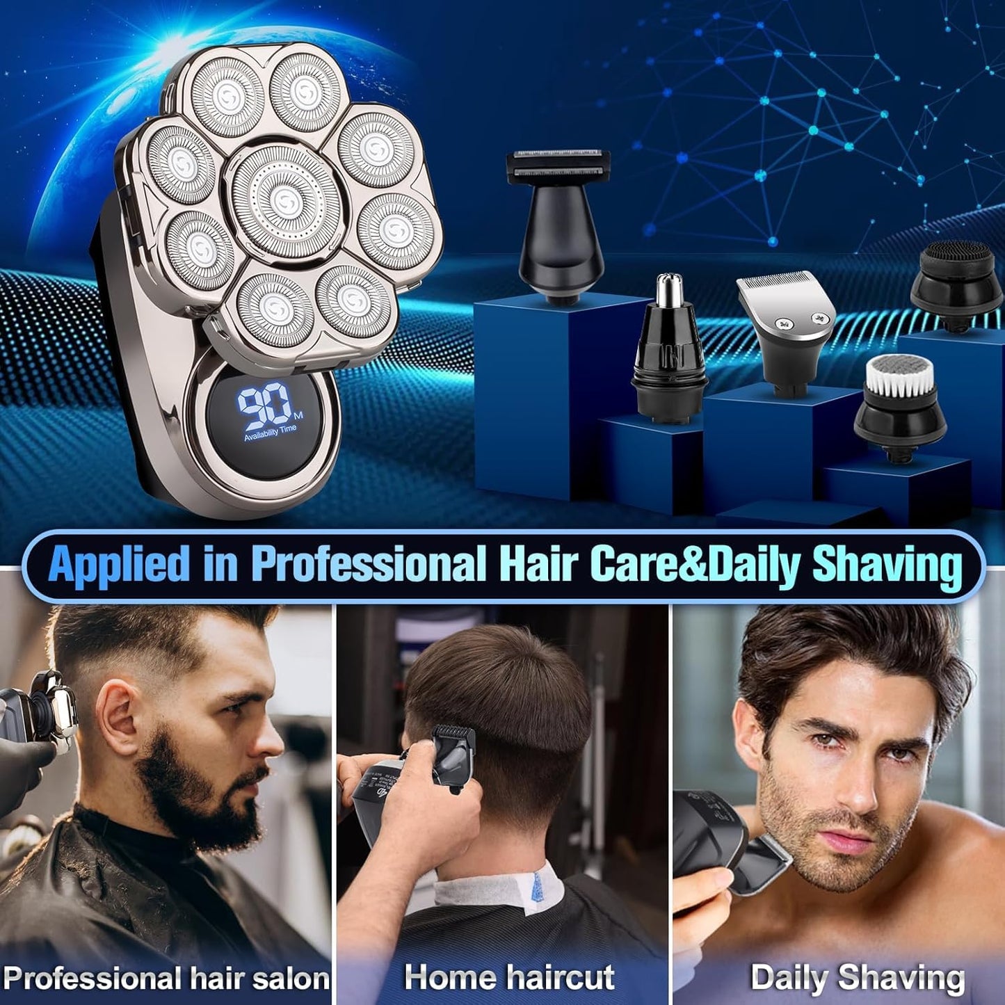 Afeitadora eléctrica 9D para hombres calvos, kit de cuidado personal 6 en 1 para hombres con recortador de vello nasal, recortador de barba, afeitadora rotativa impermeable en seco y húmedo, regalo